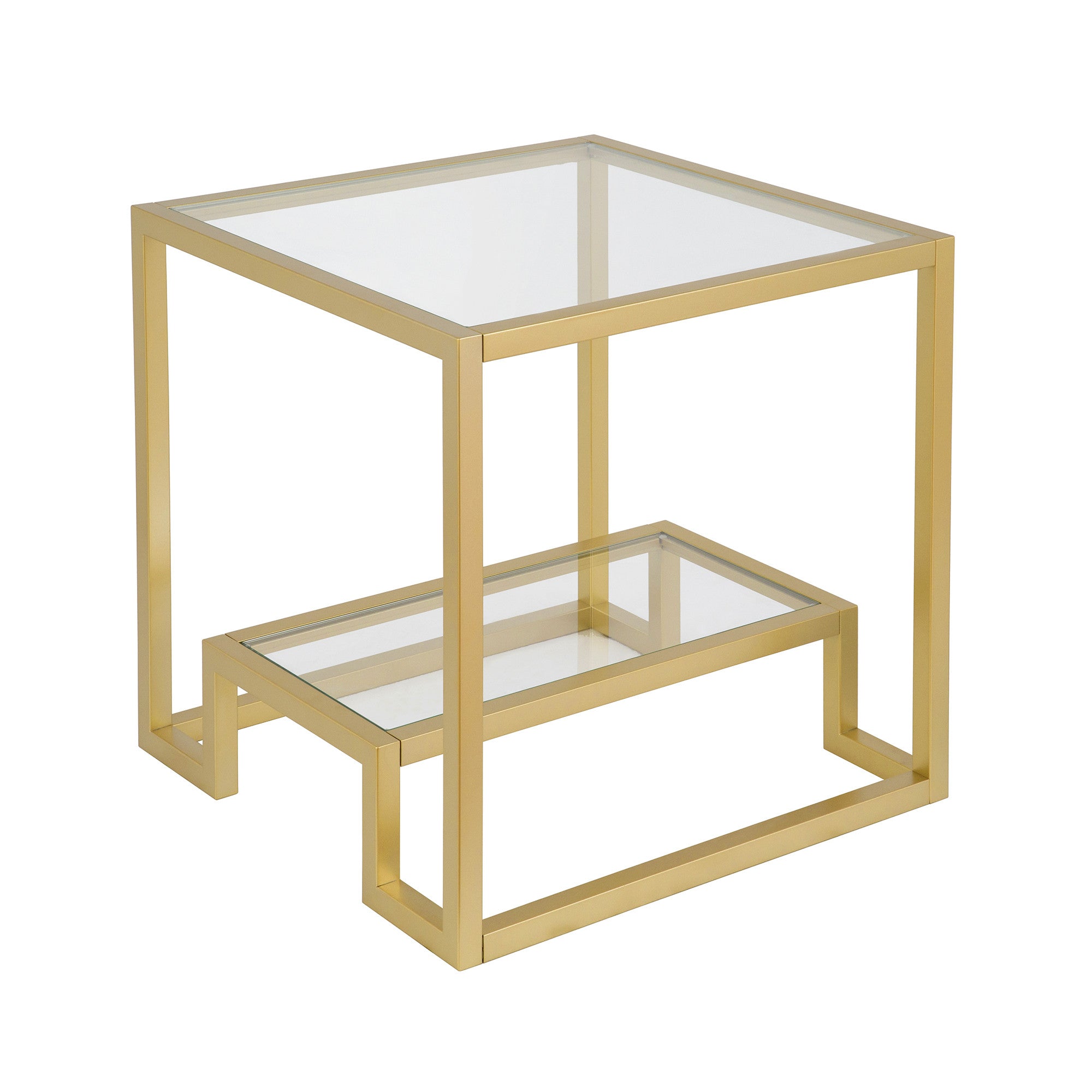 22" Brass And Clear Glass And Steel Square End Table With Shelf