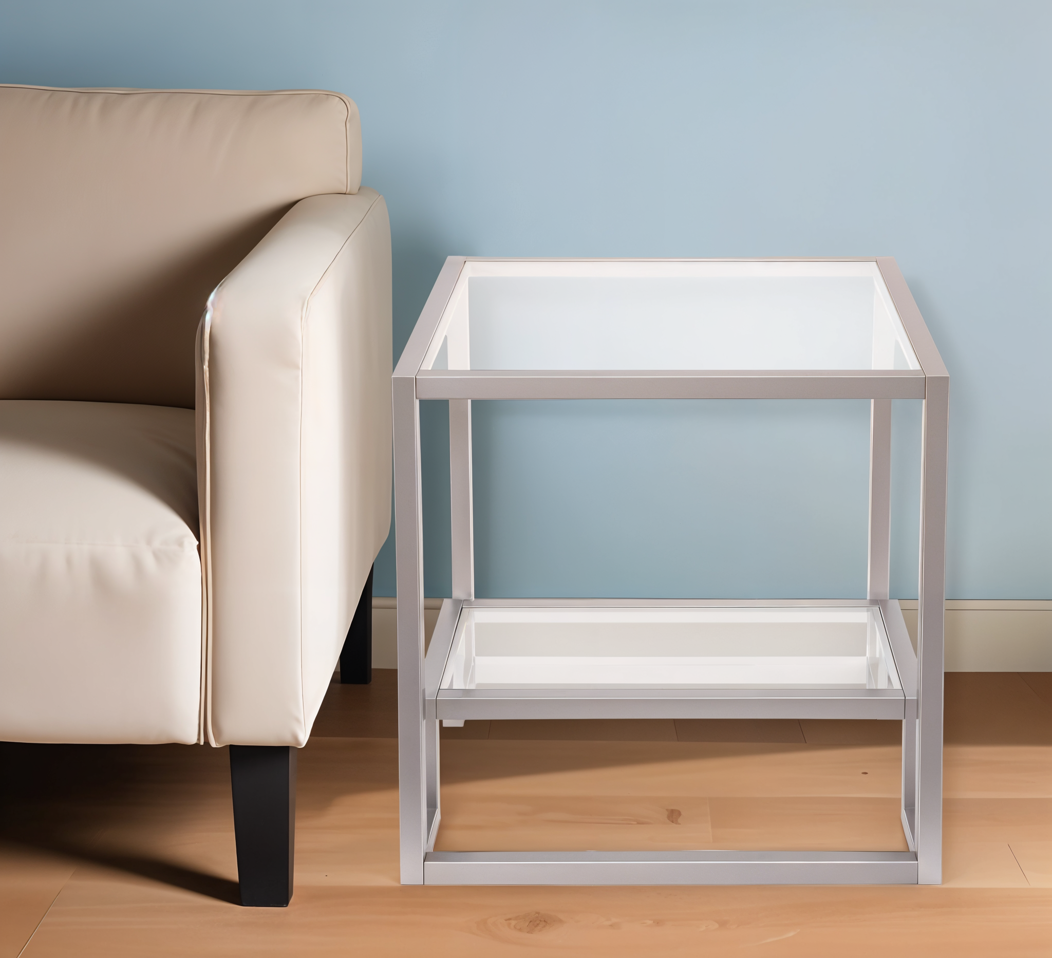 22" Nickel And Clear Glass And Steel Square End Table With Shelf