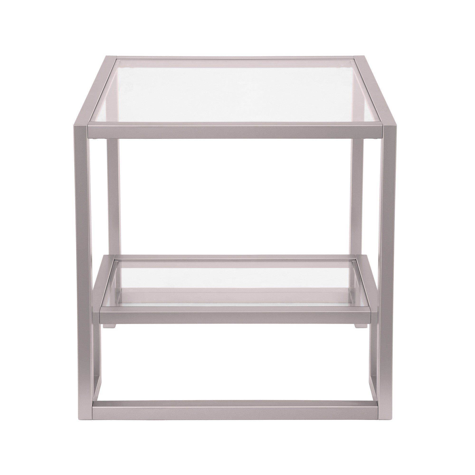 22" Nickel And Clear Glass And Steel Square End Table With Shelf