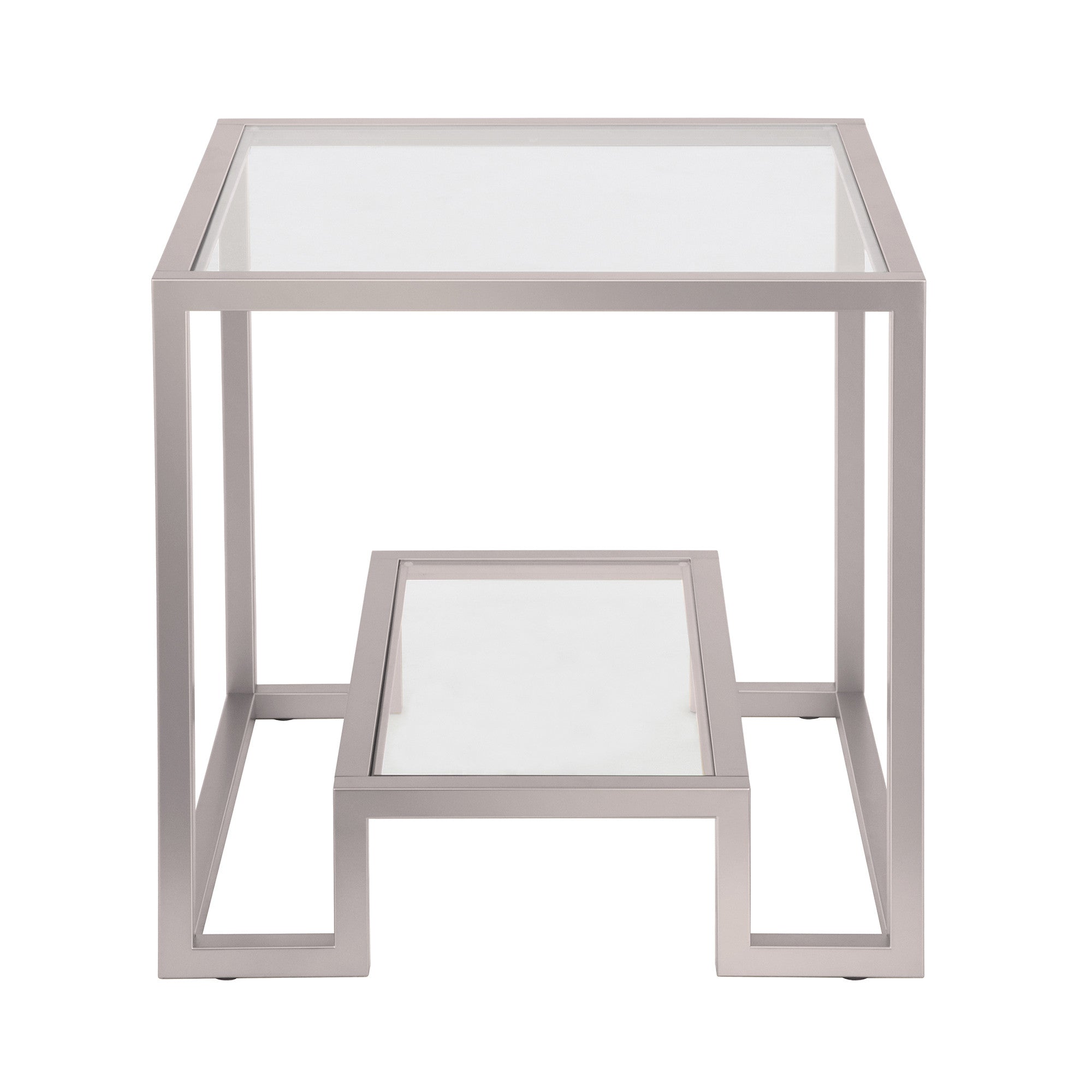 22" Nickel And Clear Glass And Steel Square End Table With Shelf