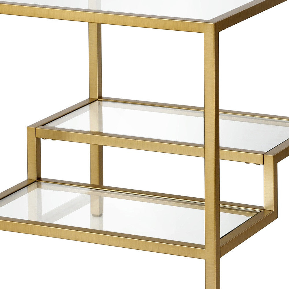 22" Brass And Clear Glass And Steel Square End Table With Two Shelves