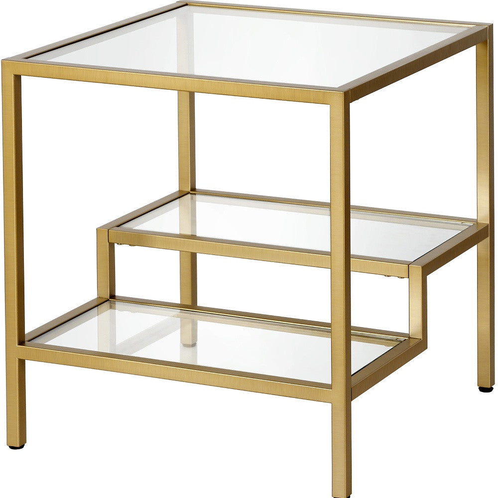 22" Brass And Clear Glass And Steel Square End Table With Two Shelves