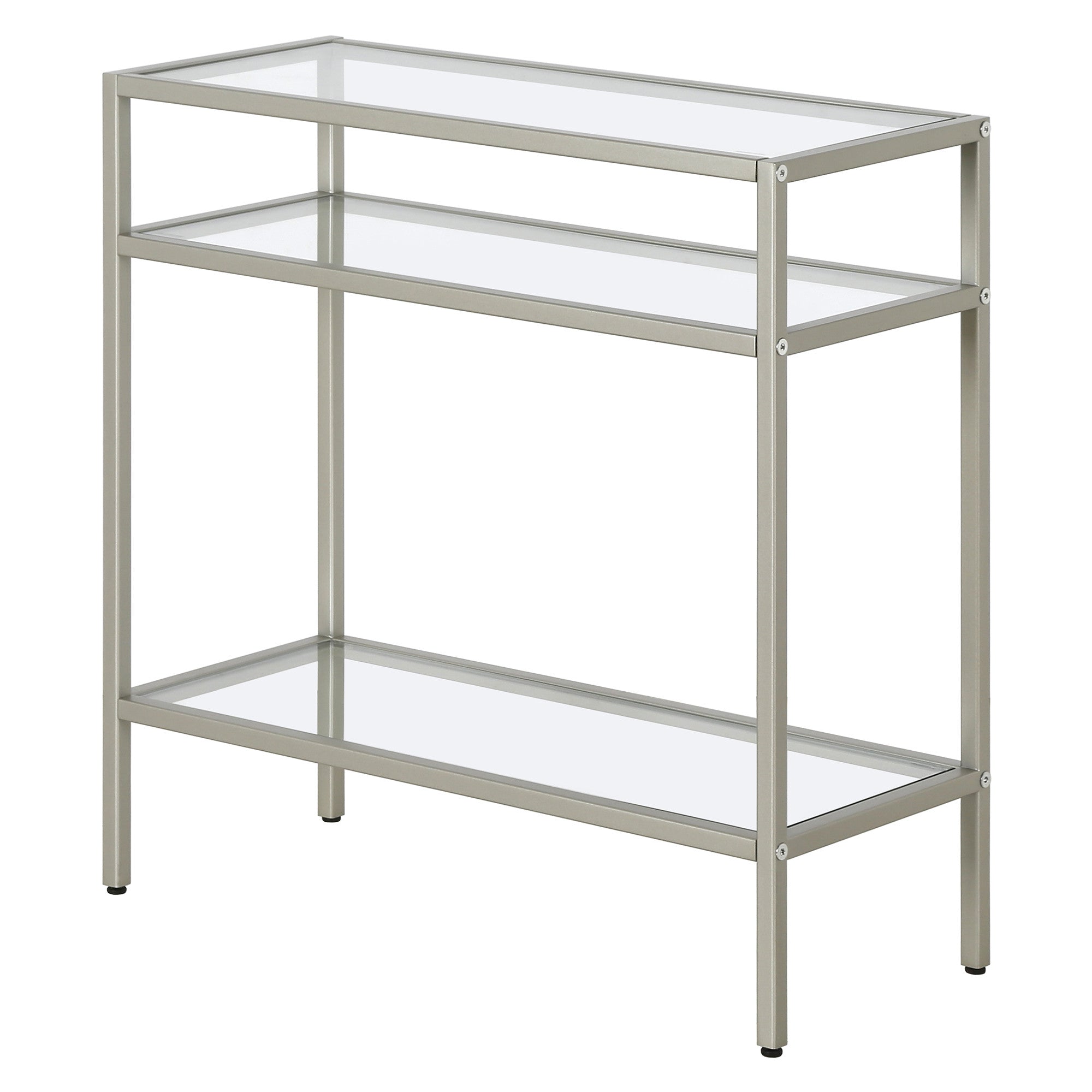 24" Nickel And Clear Glass And Steel End Table With Two Shelves