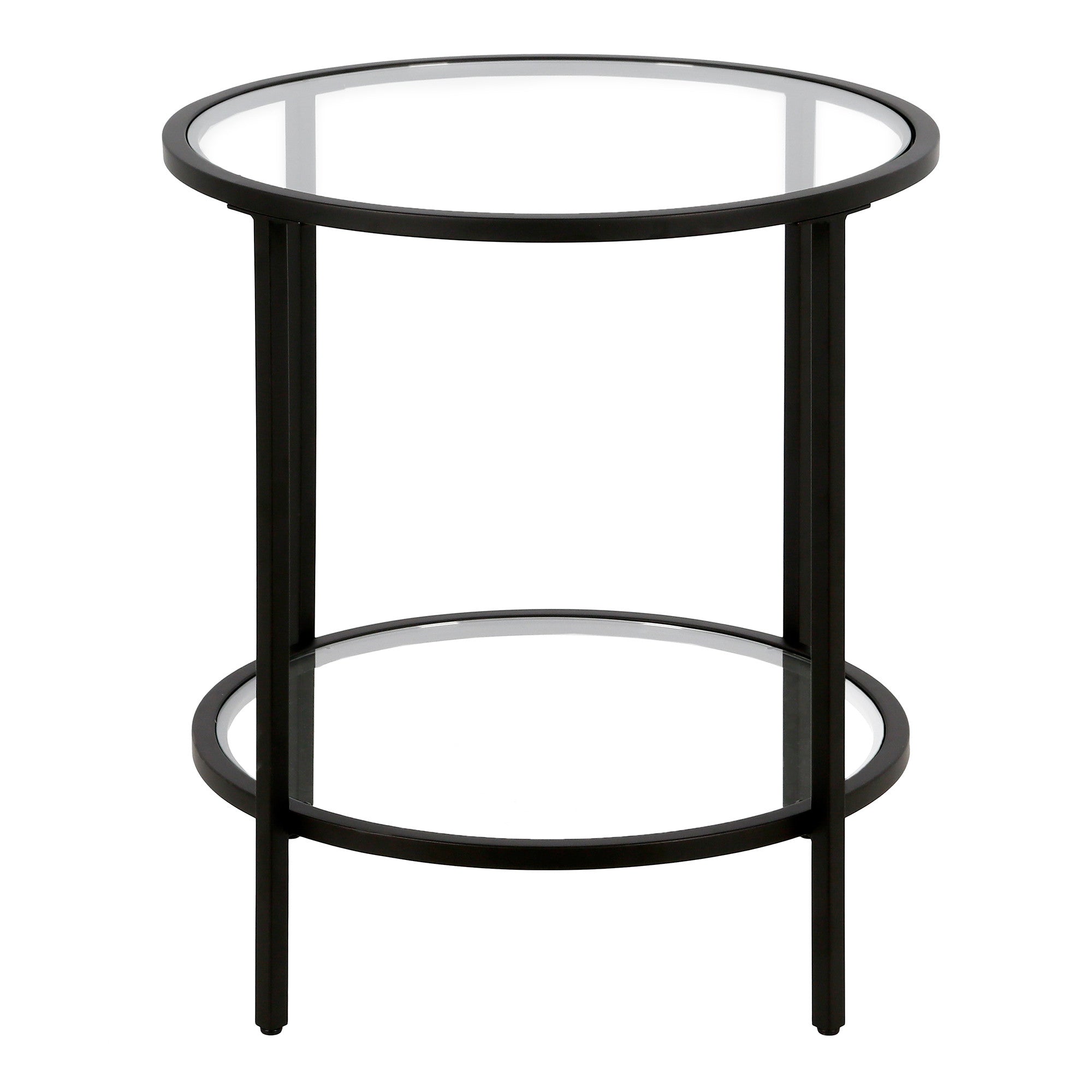 22" Black And Clear Glass And Steel Round End Table With Shelf