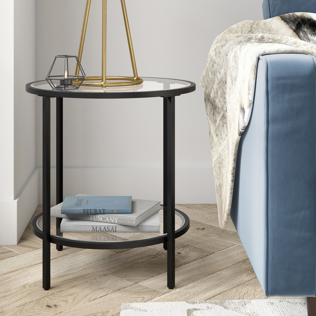 22" Black And Clear Glass And Steel Round End Table With Shelf