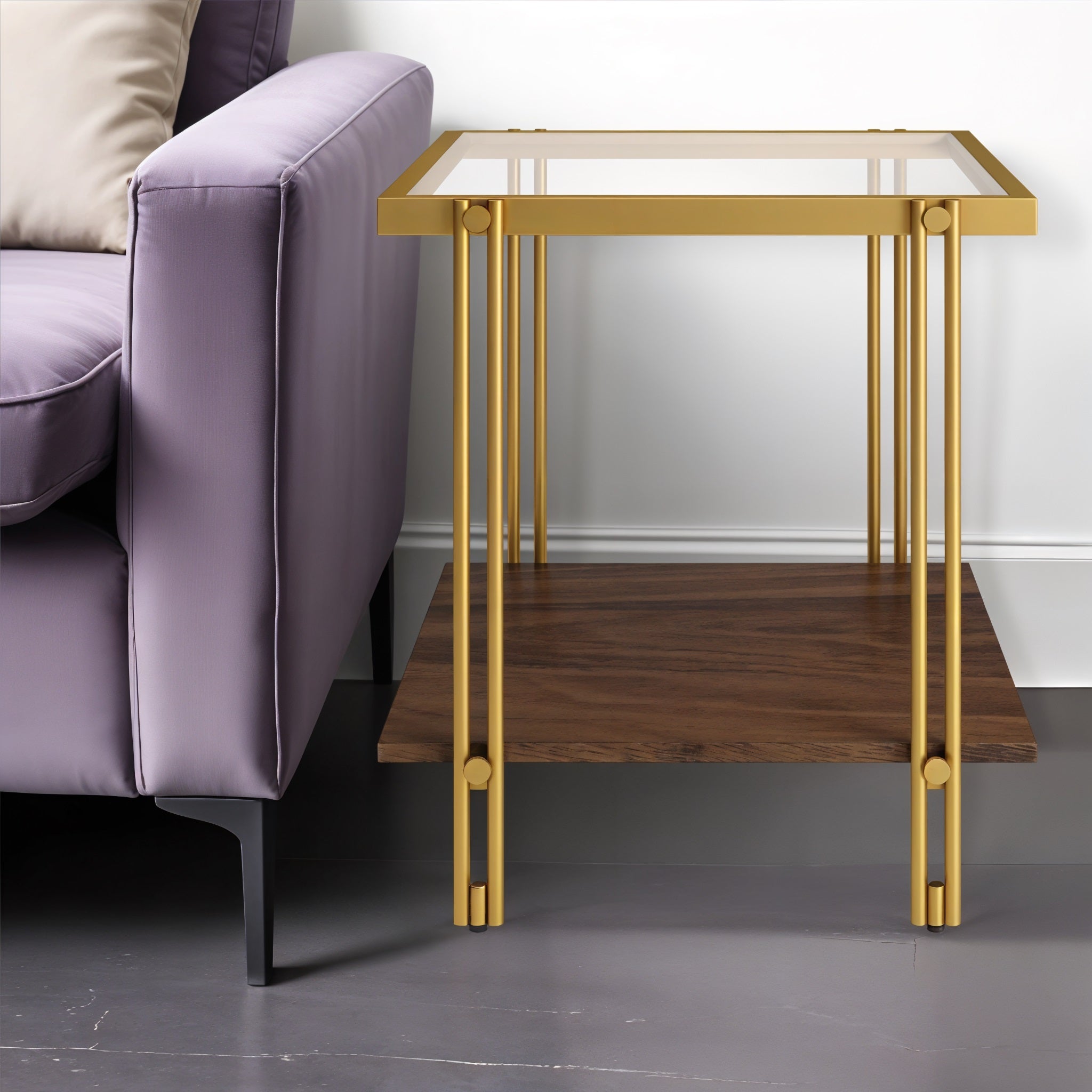 22" Brass And Clear Glass And Steel Square End Table With Shelf