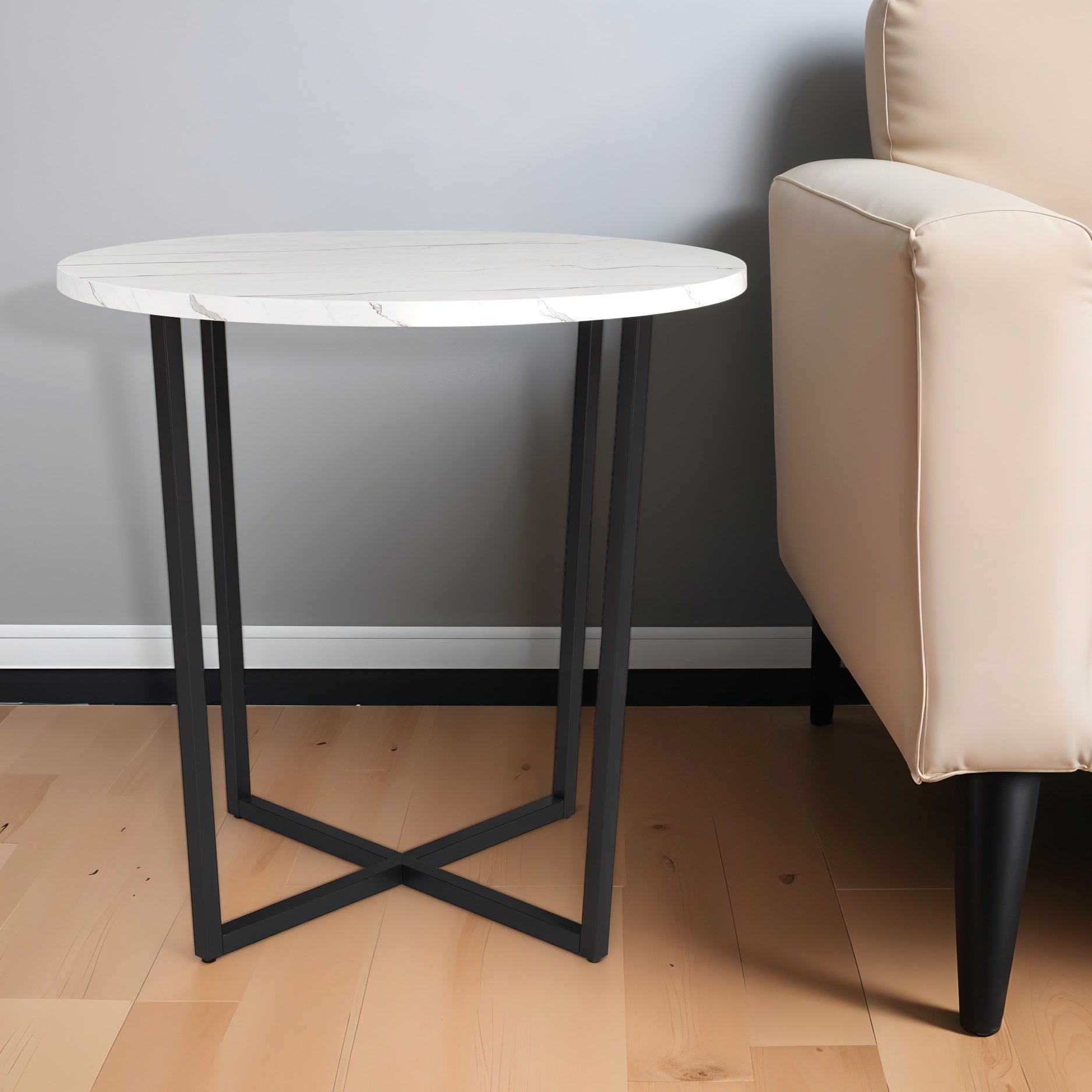 20" Black And White Faux Marble And Steel Round End Table