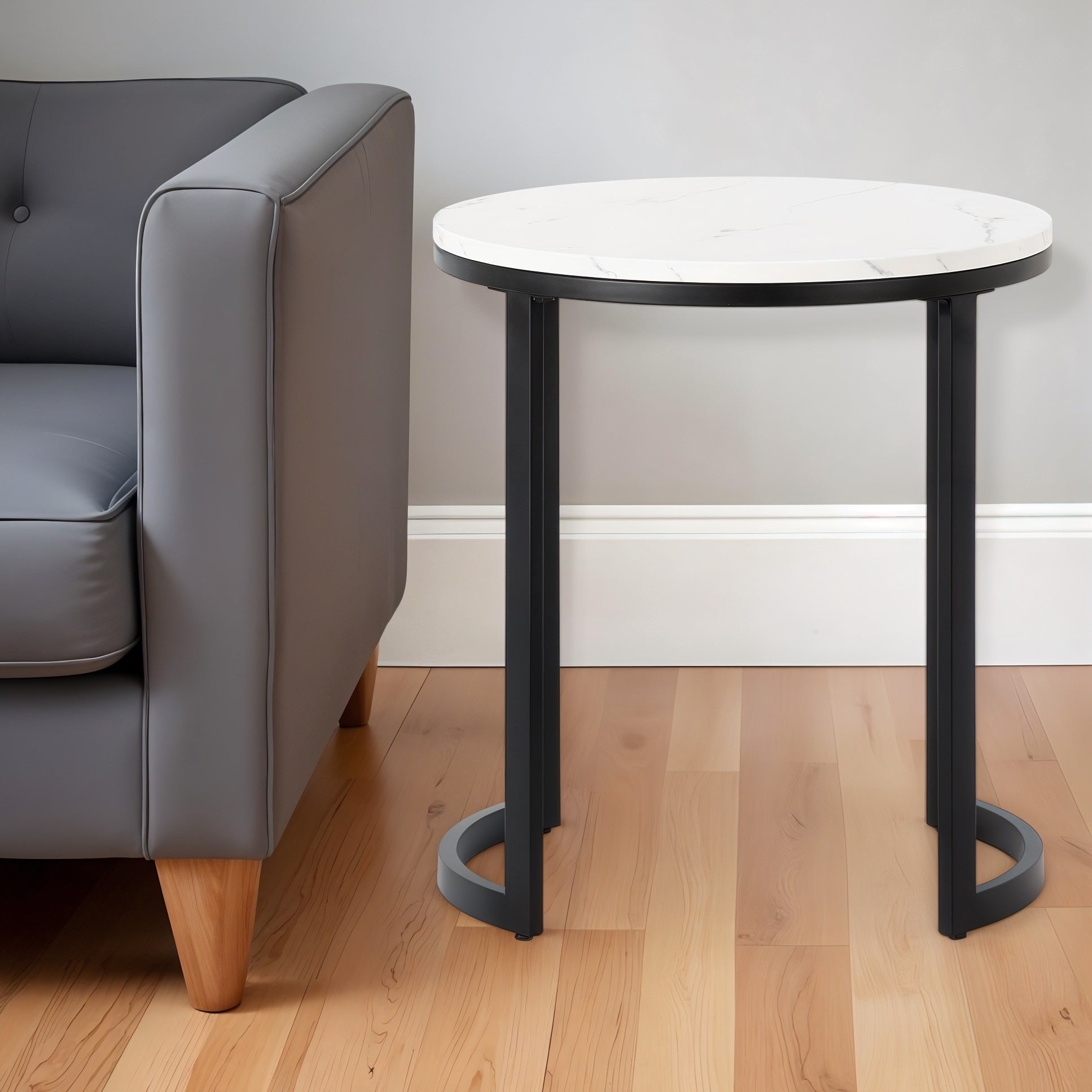 24" Black And White Faux Marble And Steel Round End Table