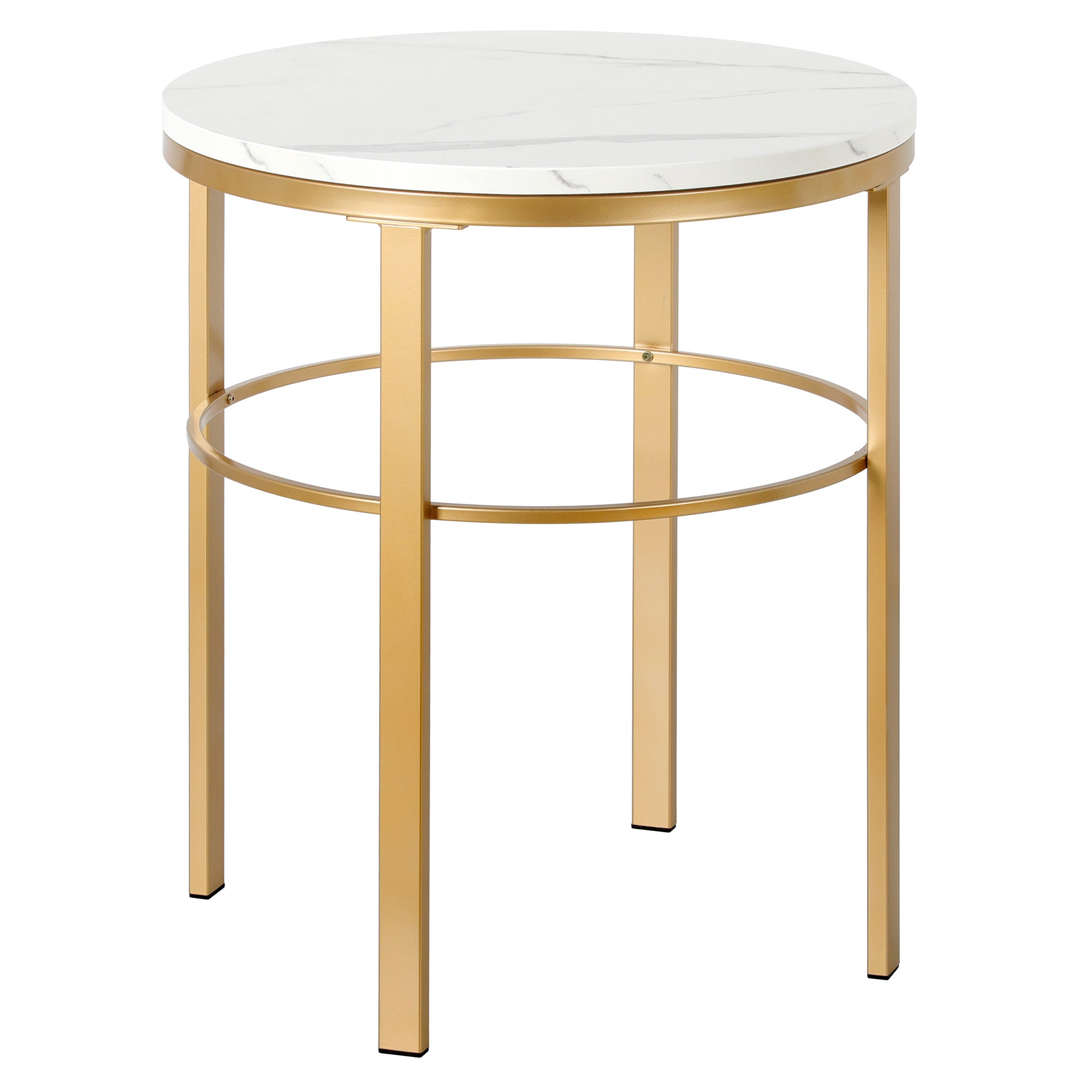 24" Brass And White Faux Marble And Steel Round End Table