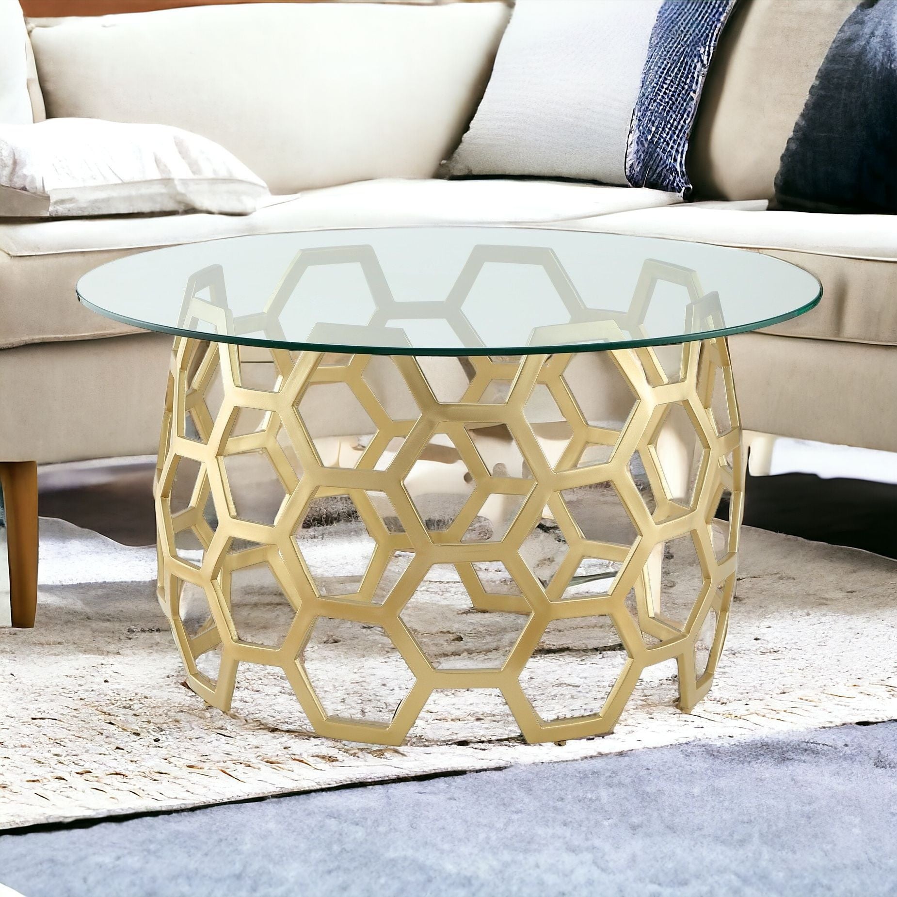 32" Clear And Silver Glass And Iron Round Coffee Table