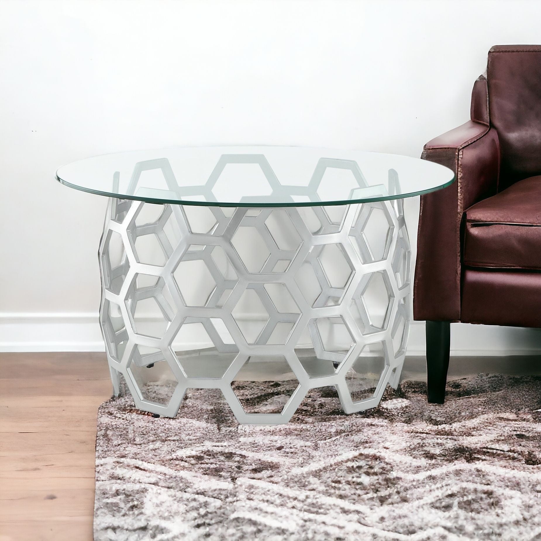 32" Clear And Gold Glass And Iron Round Coffee Table