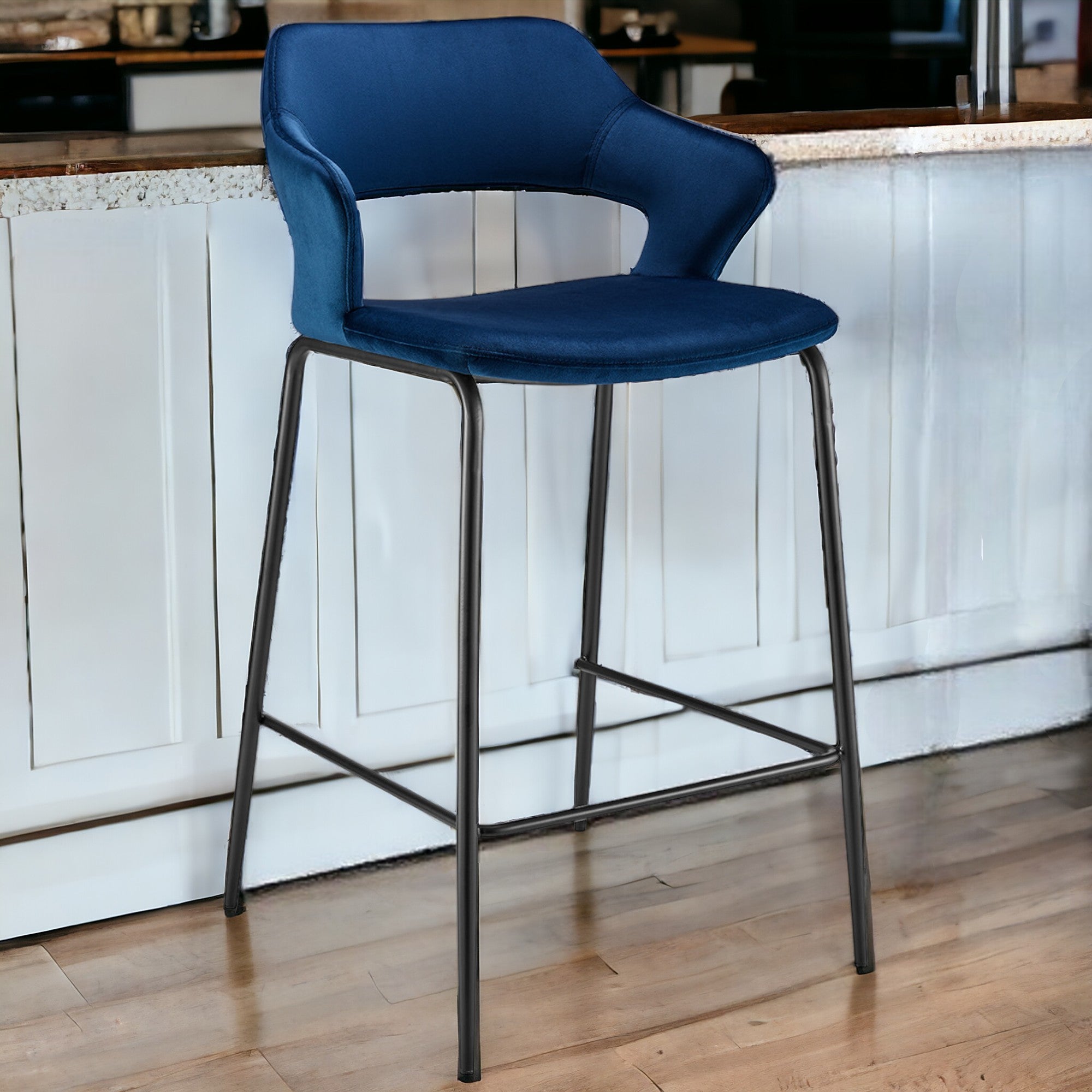 26" Blue And Black Velvet And Steel Low Back Counter Height Bar Chair