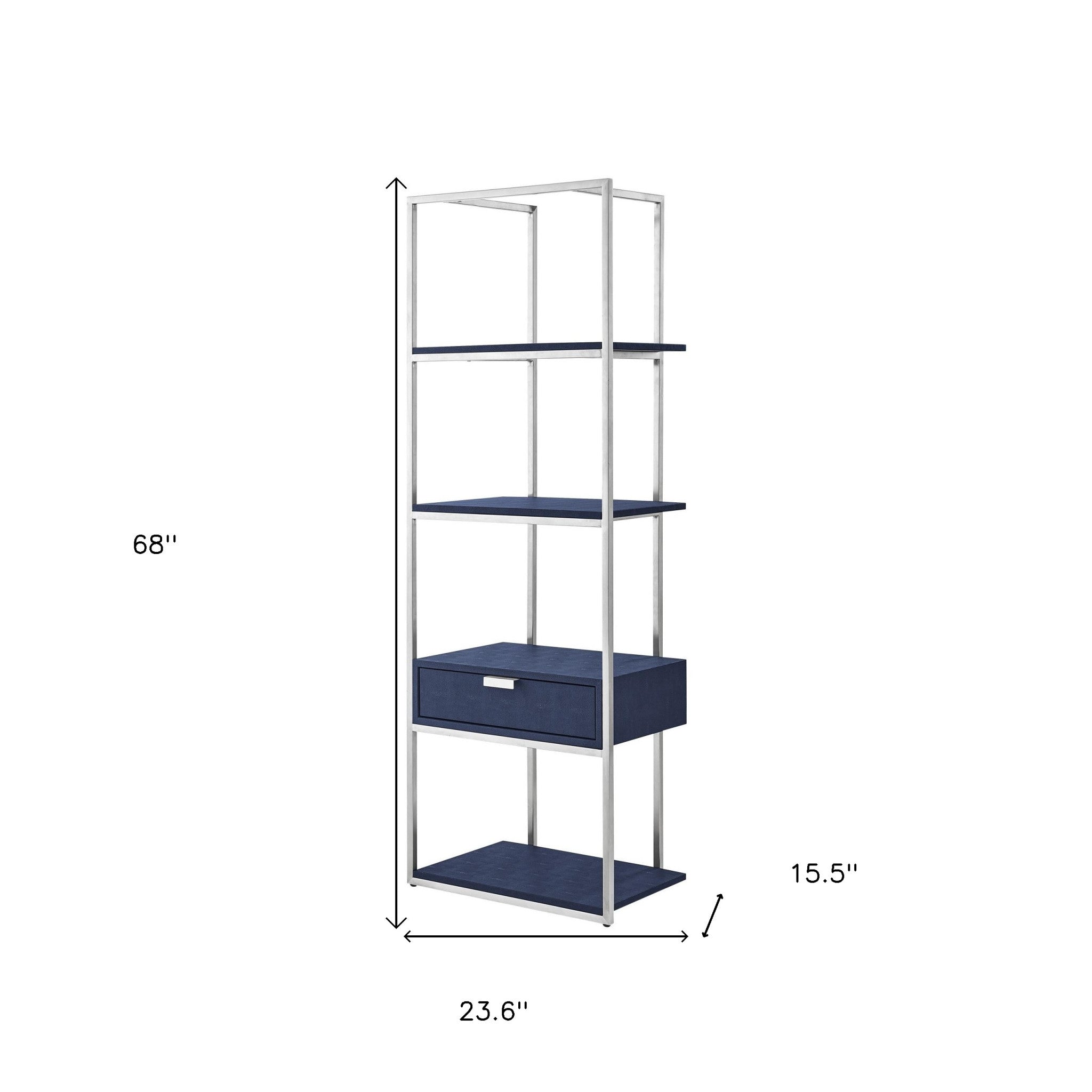 68" Gray Stainless Steel Four Tier Etagere Bookcase with a drawer