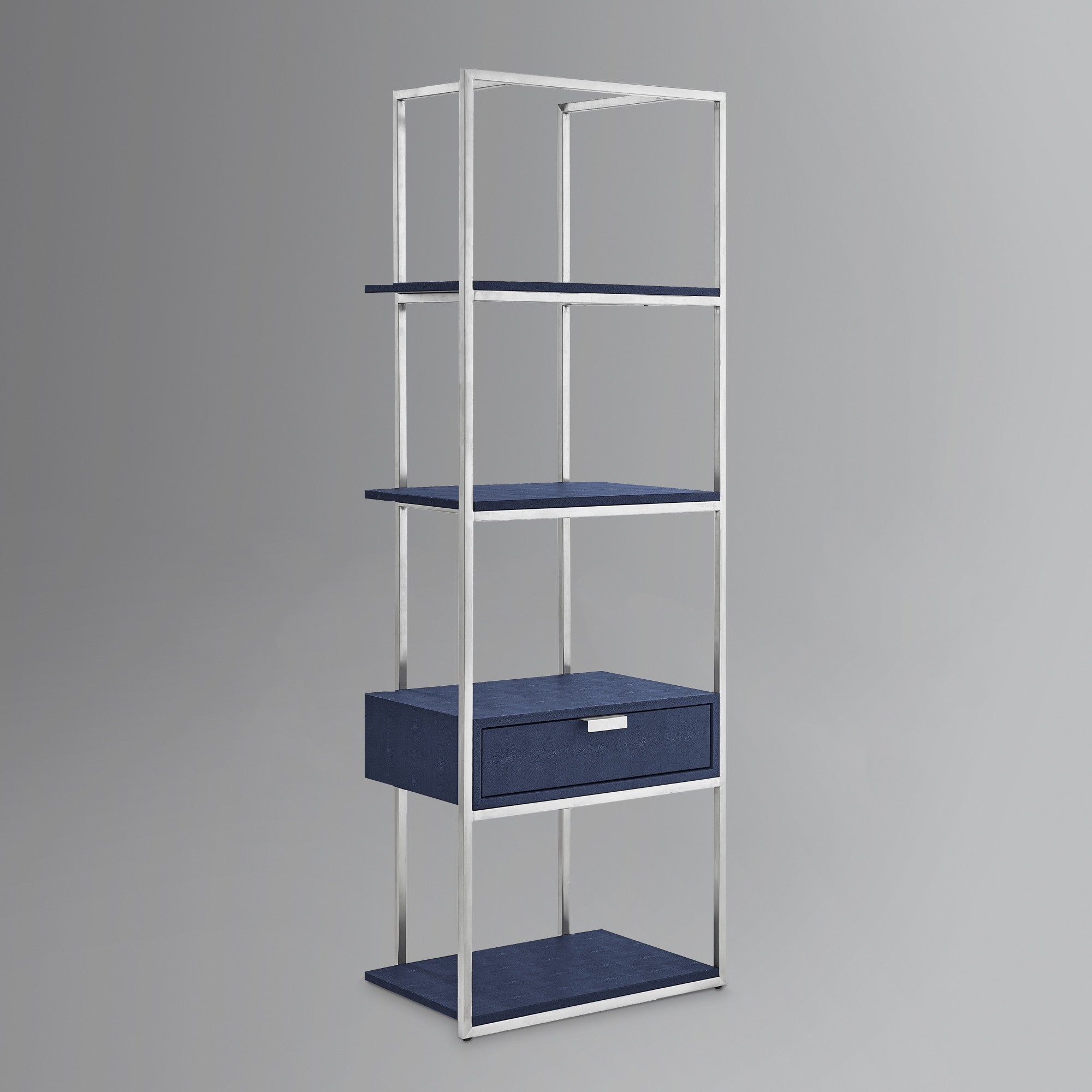 68" Gray Stainless Steel Four Tier Etagere Bookcase with a drawer