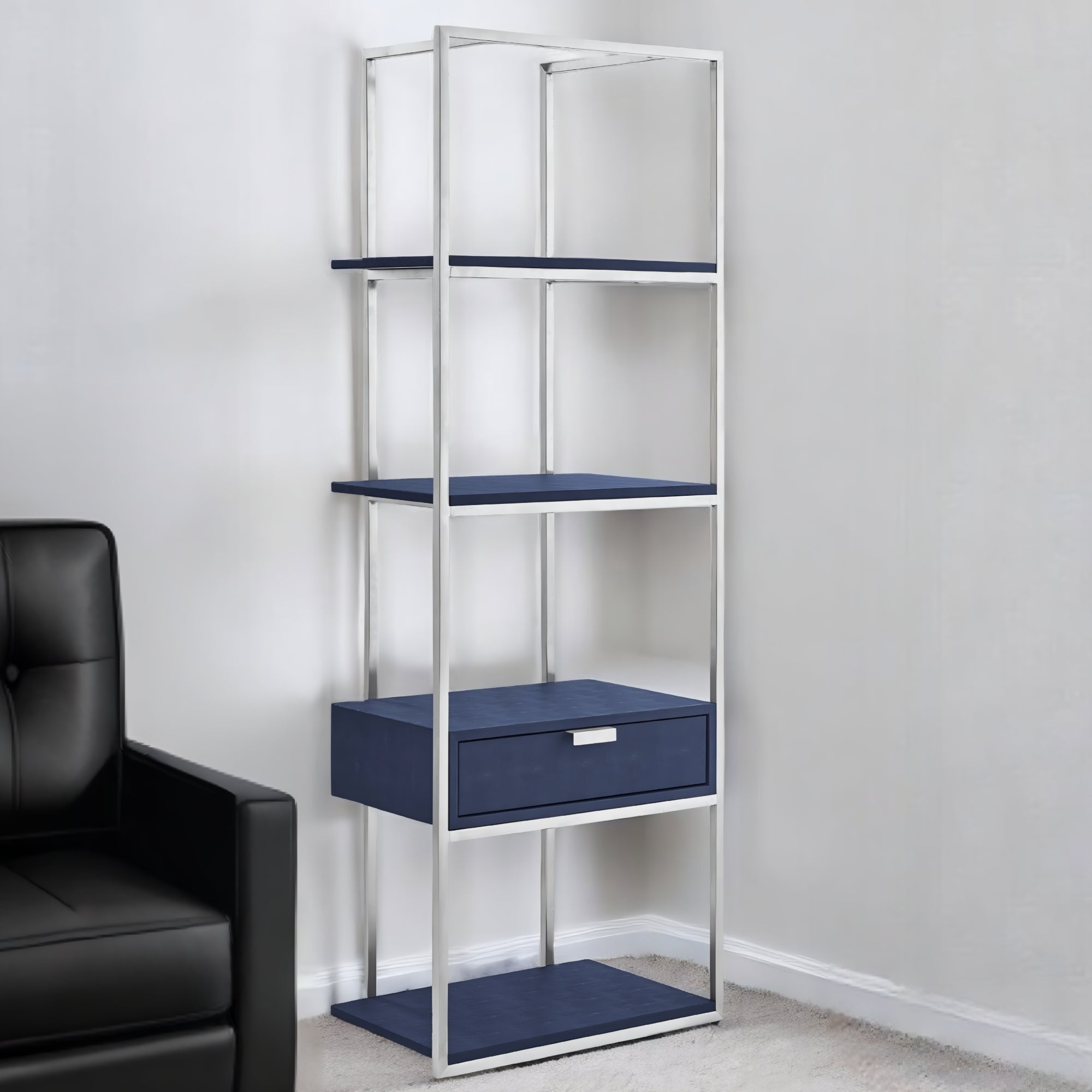 68" Cream Stainless Steel Four Tier Etagere Bookcase with a drawer