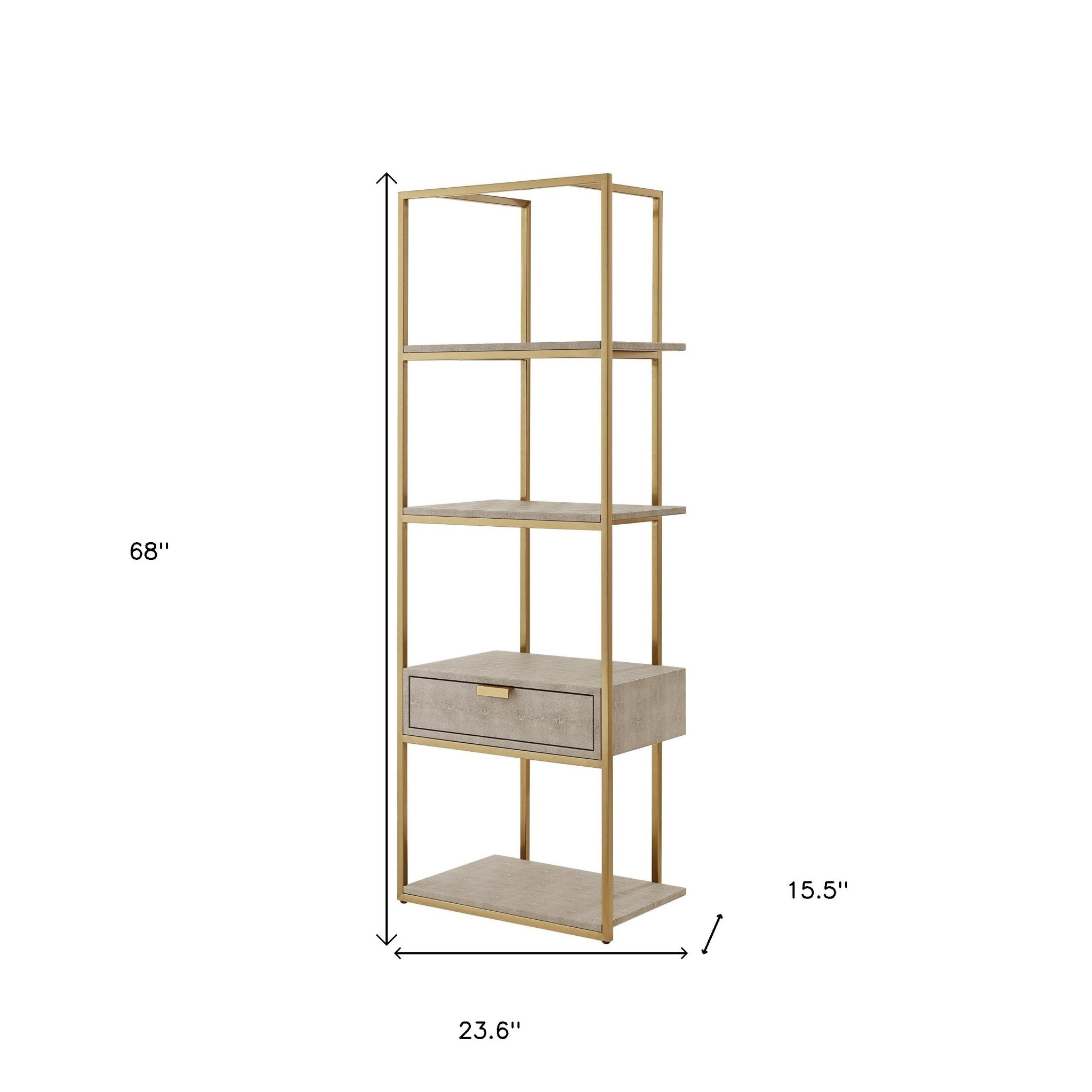 68" Gray Stainless Steel Four Tier Etagere Bookcase with a drawer