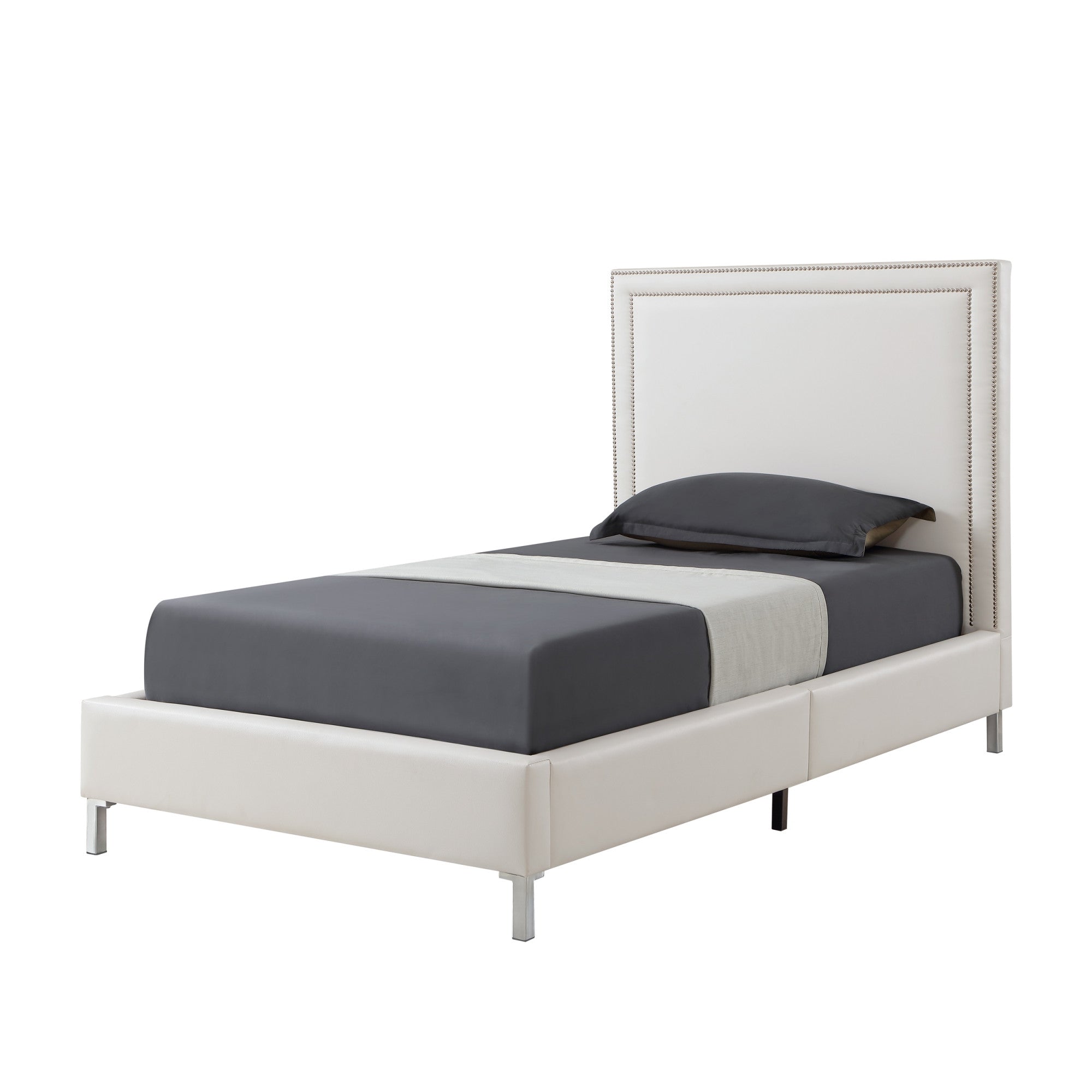 White Solid Wood Twin Upholstered Faux Leather Bed Frame with Nailhead Trim