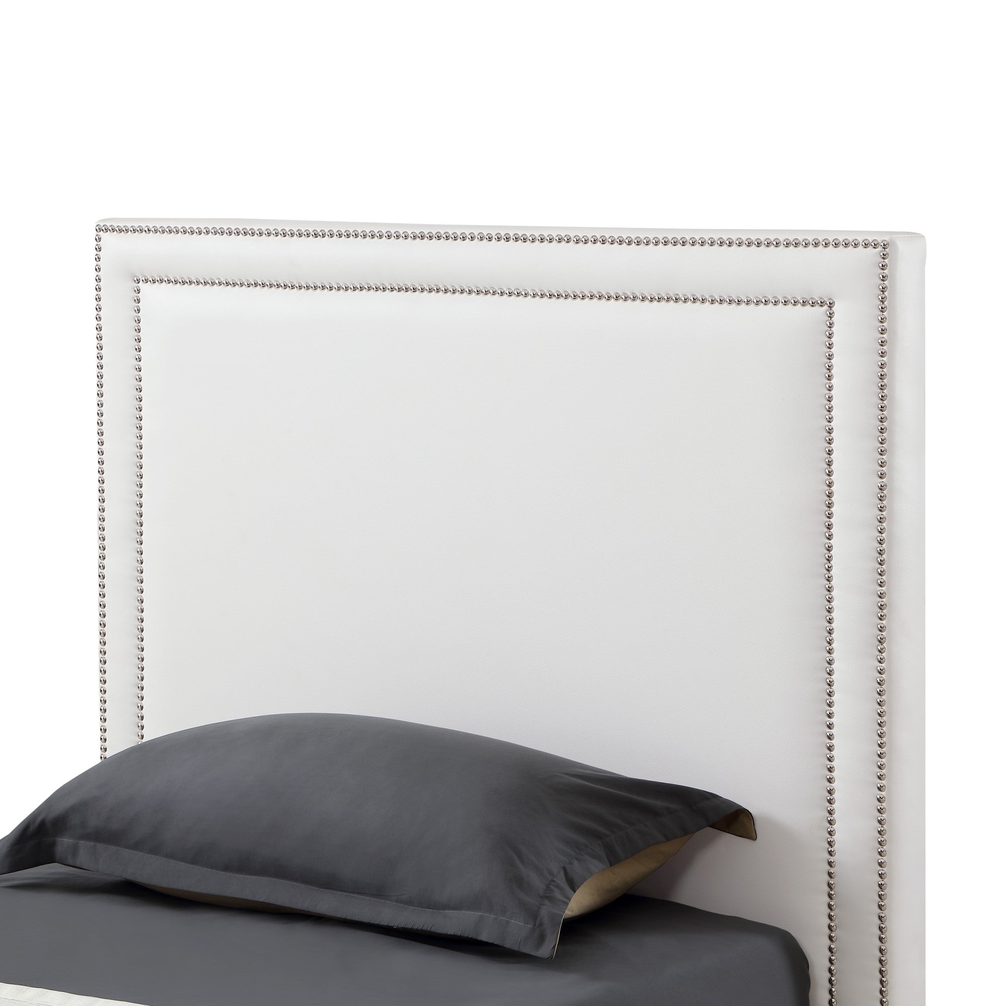 White Solid Wood Twin Upholstered Faux Leather Bed Frame with Nailhead Trim