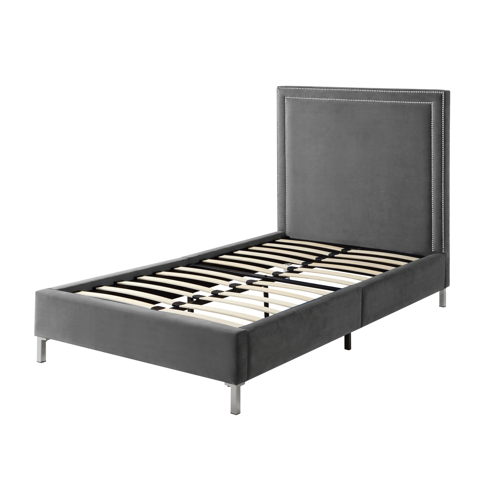 White Solid Wood Twin Upholstered Faux Leather Bed Frame with Nailhead Trim