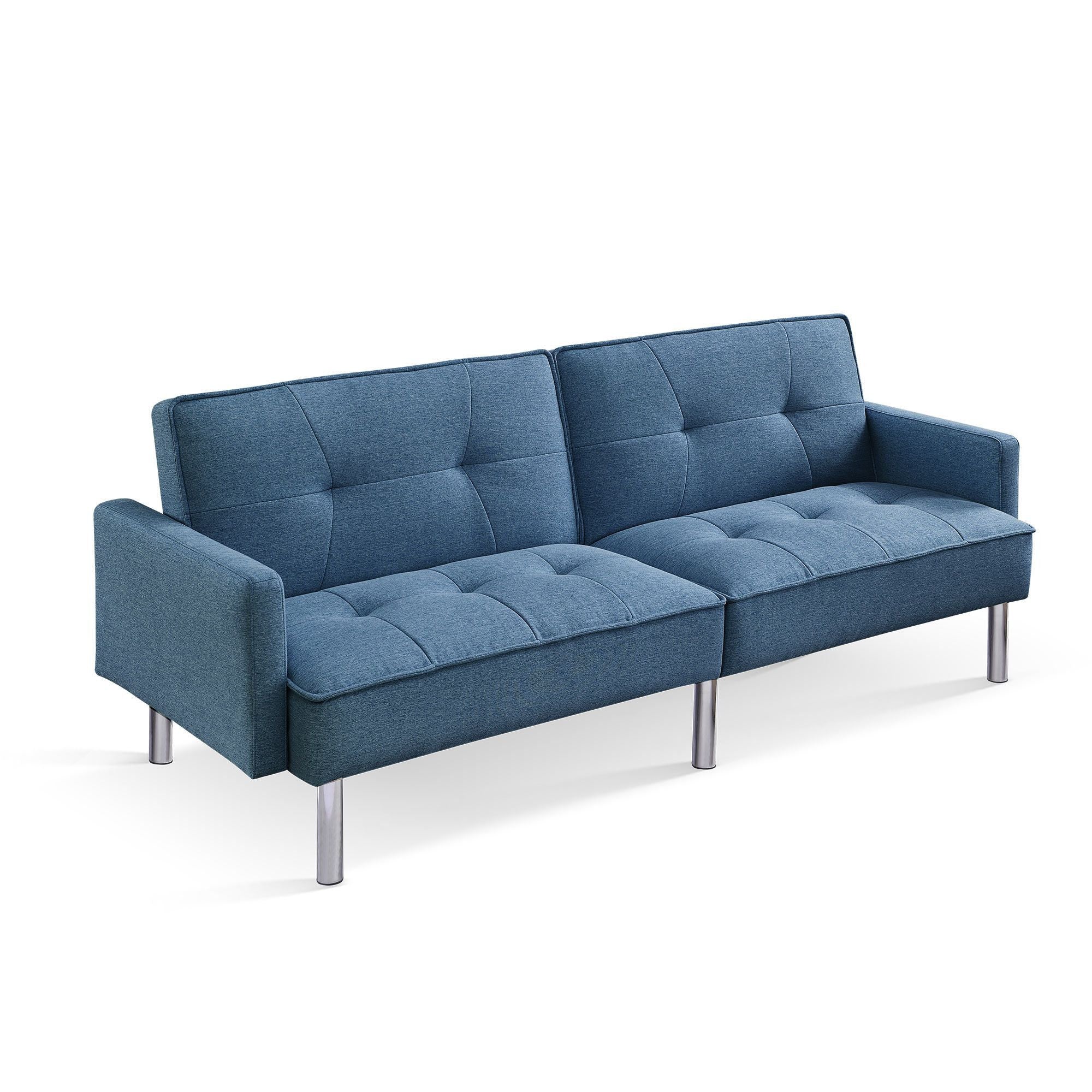 85" Blue Polyester Blend and Silver Convertible Futon Sleeper Sofa and Toss Pillows