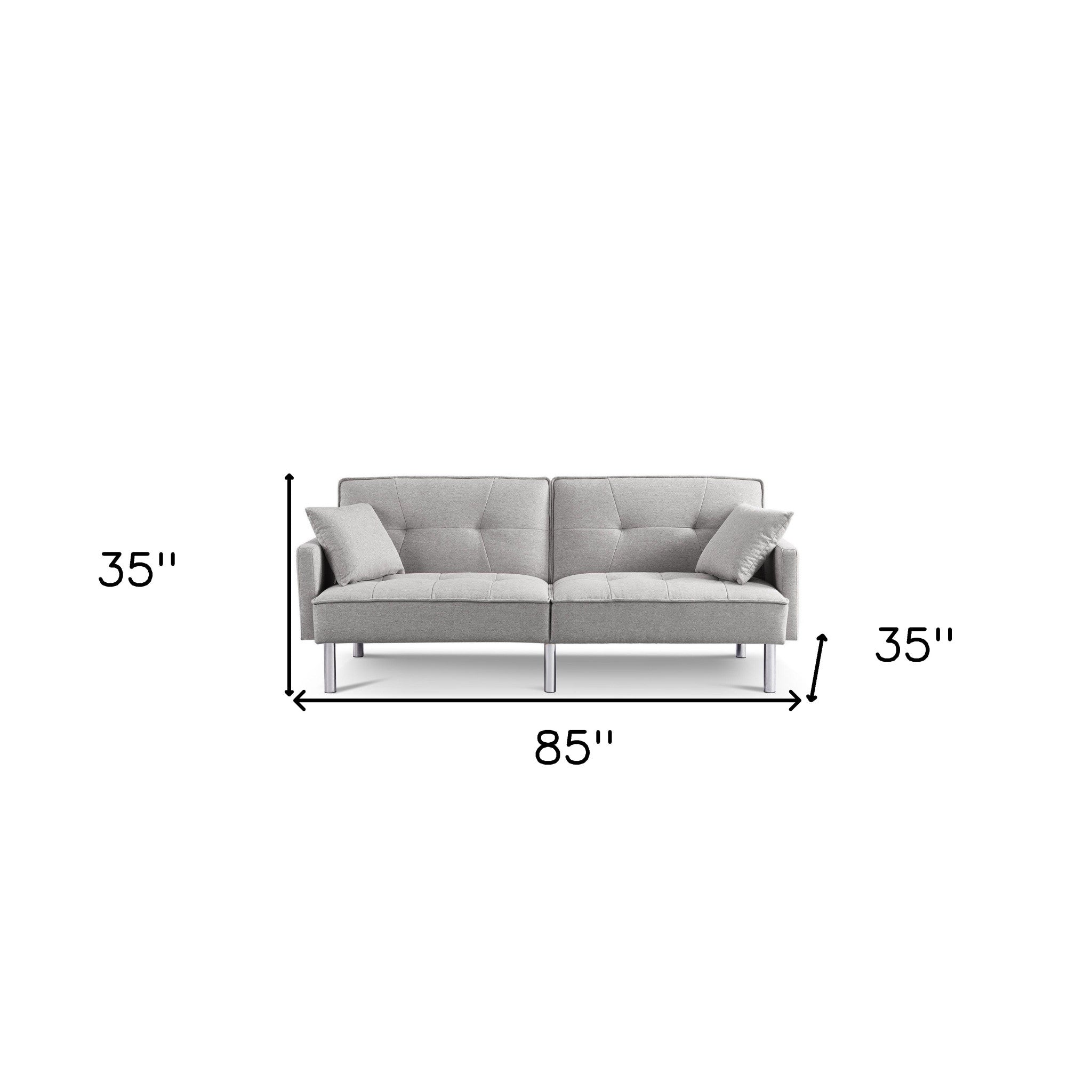 85" Light Gray Polyester Blend and Silver Convertible Futon Sleeper Sofa and Toss Pillows