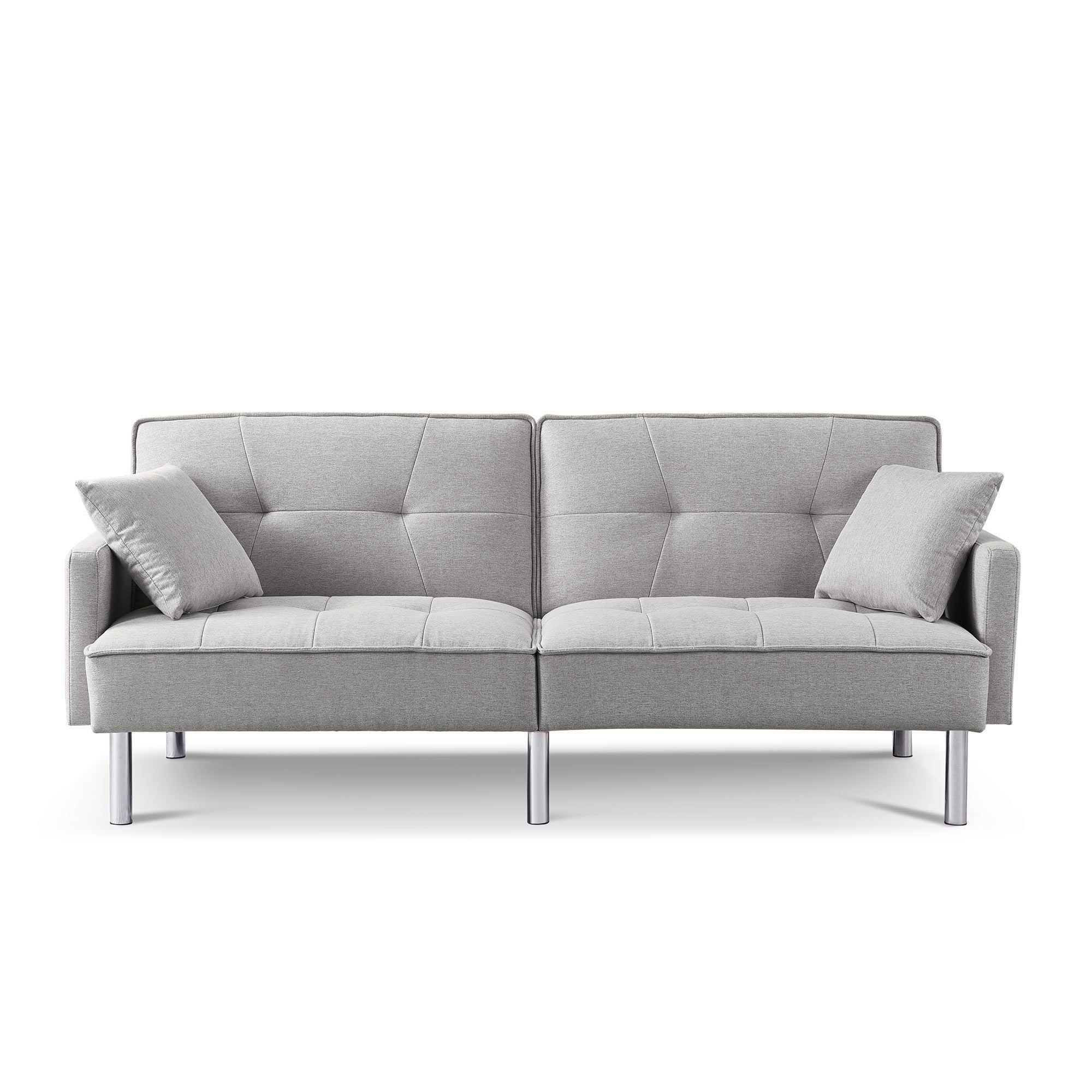 85" Light Gray Polyester Blend and Silver Convertible Futon Sleeper Sofa and Toss Pillows