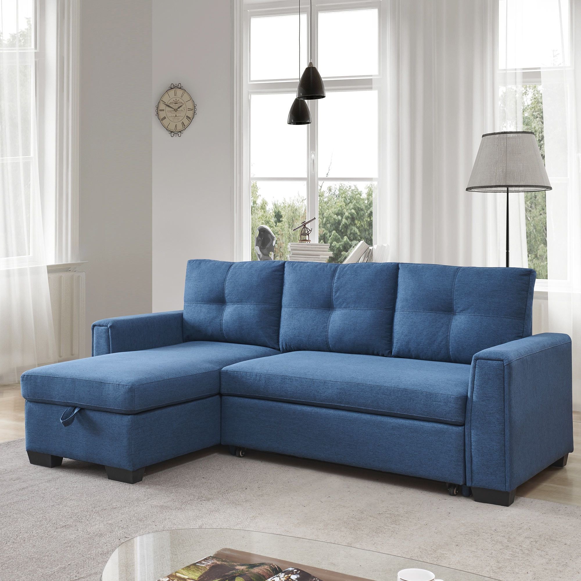 92" Blue Polyester Blend and Black Convertible Futon Sleeper Sofa