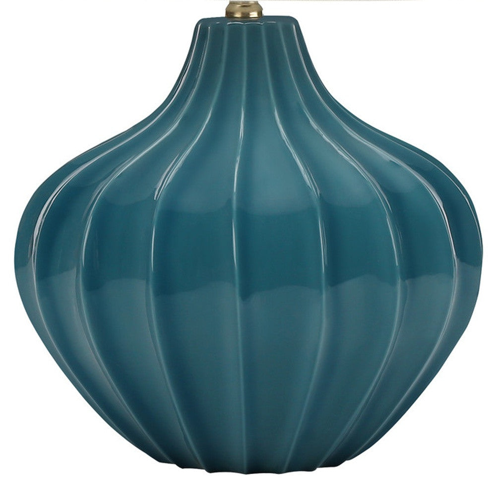 24" Blue Ceramic Gourd Table Lamp With Cream Empire Shade