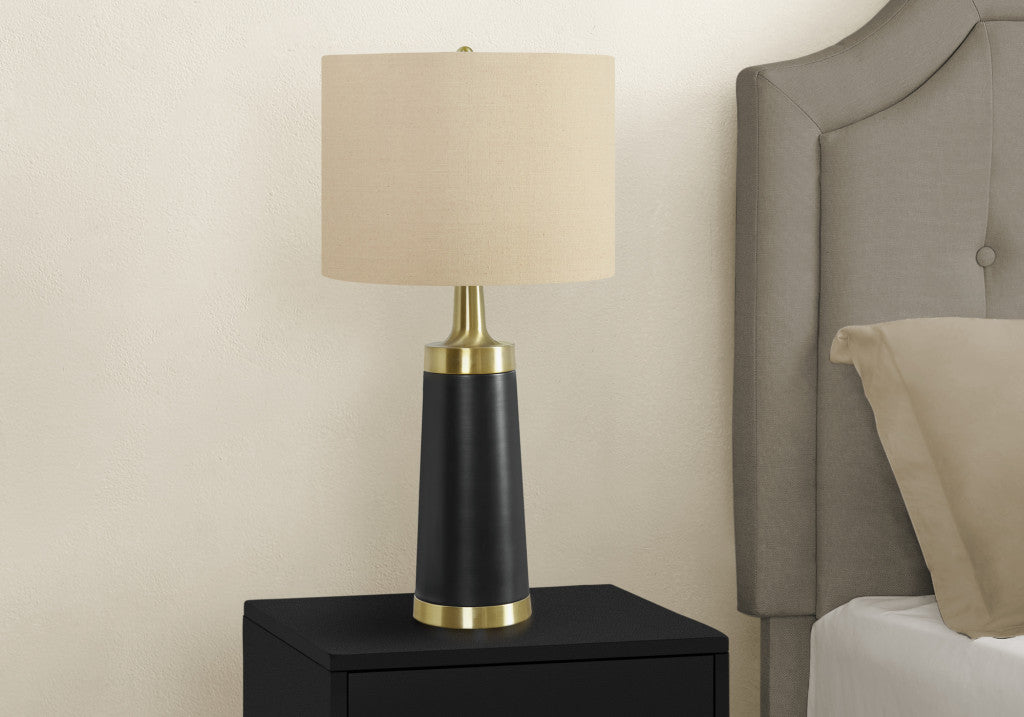 28" Black and Gold Metal Cylinder Table Lamp With Beige Drum Shade