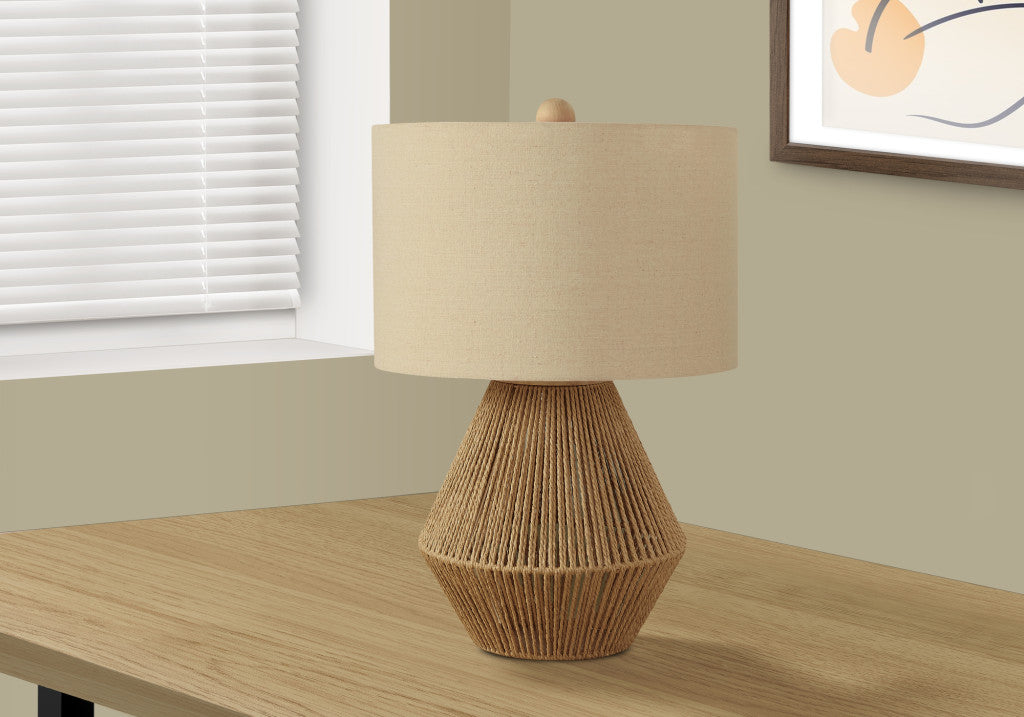 22" Brown Rattan Geometric Table Lamp With Beige Drum Shade