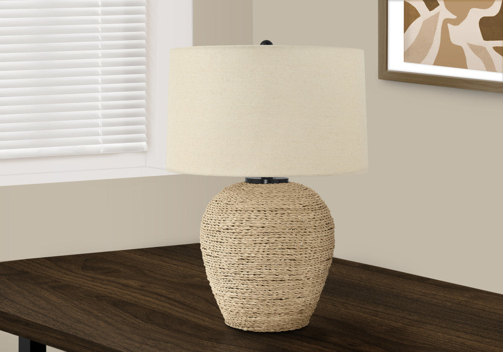 25" Beige Rattan Round Table Lamp With Beige Drum Shade