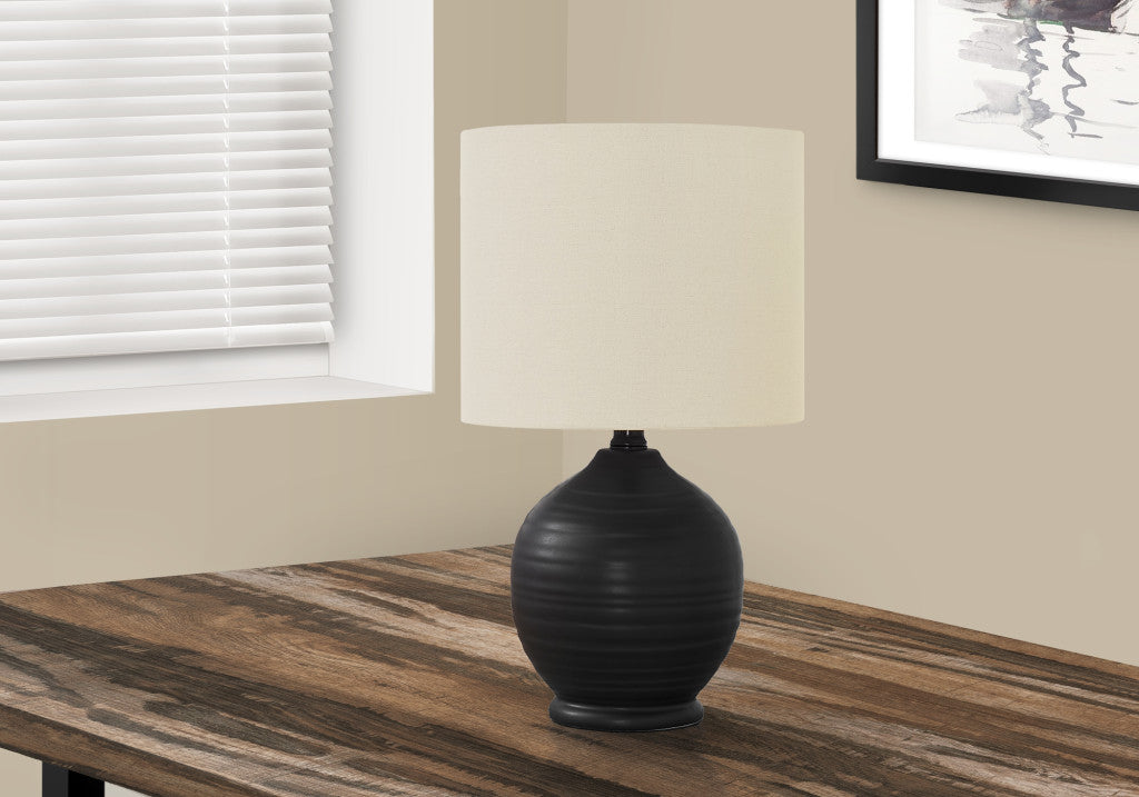 17" Black Ceramic Round Table Lamp With Ivory Drum Shade