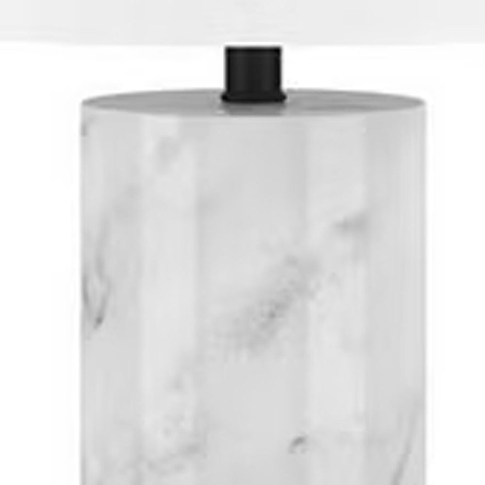 30" White and Gray Marble Table Lamp With White Drum Shade