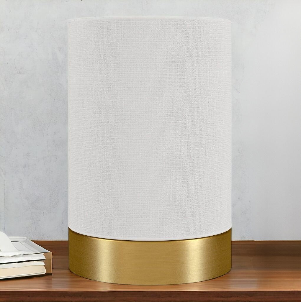 9" Brass Metal Cylinder Bedside Table Lamp With White Drum Shade