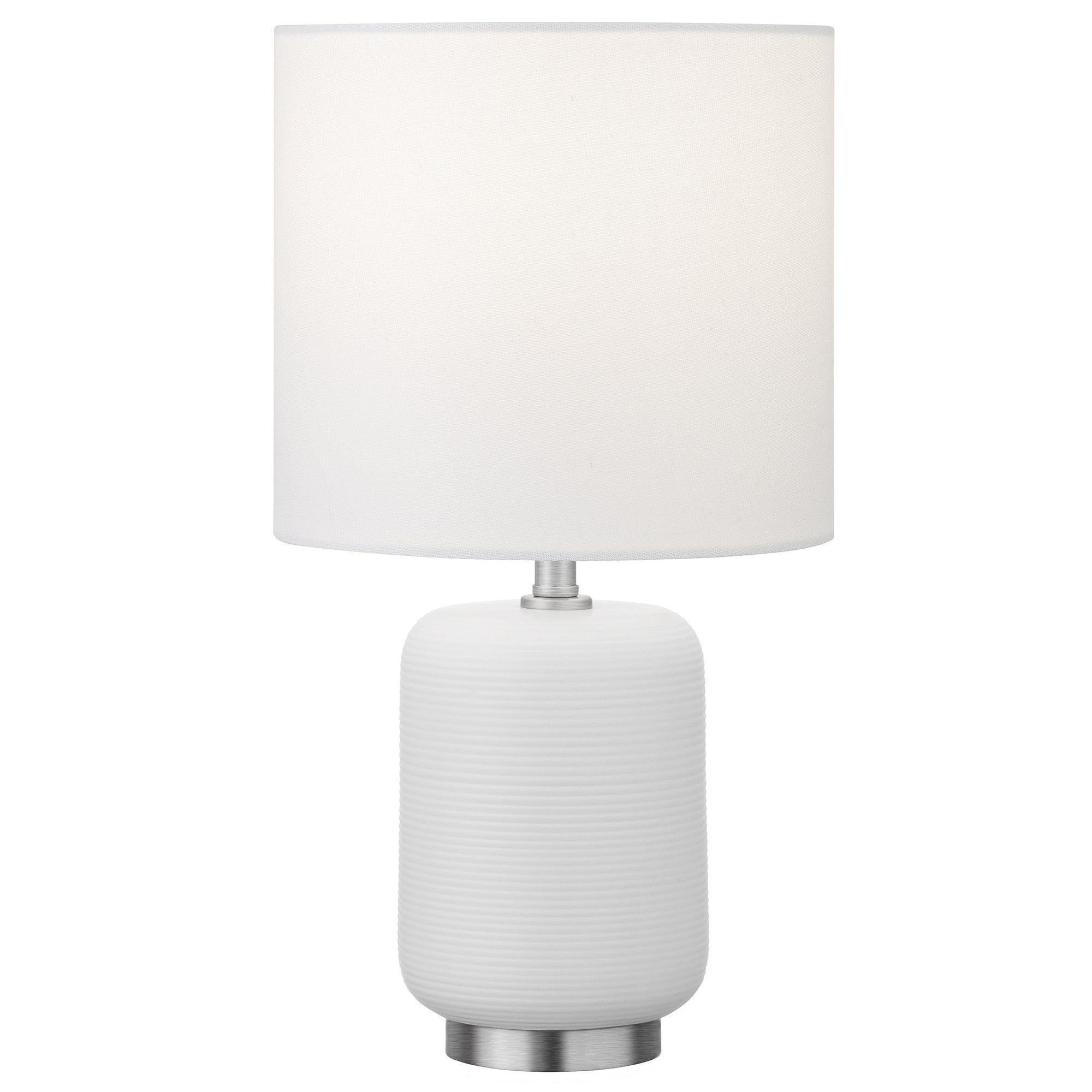 15" White and Silver Ceramic Cylinder Table Lamp With White Drum Shade