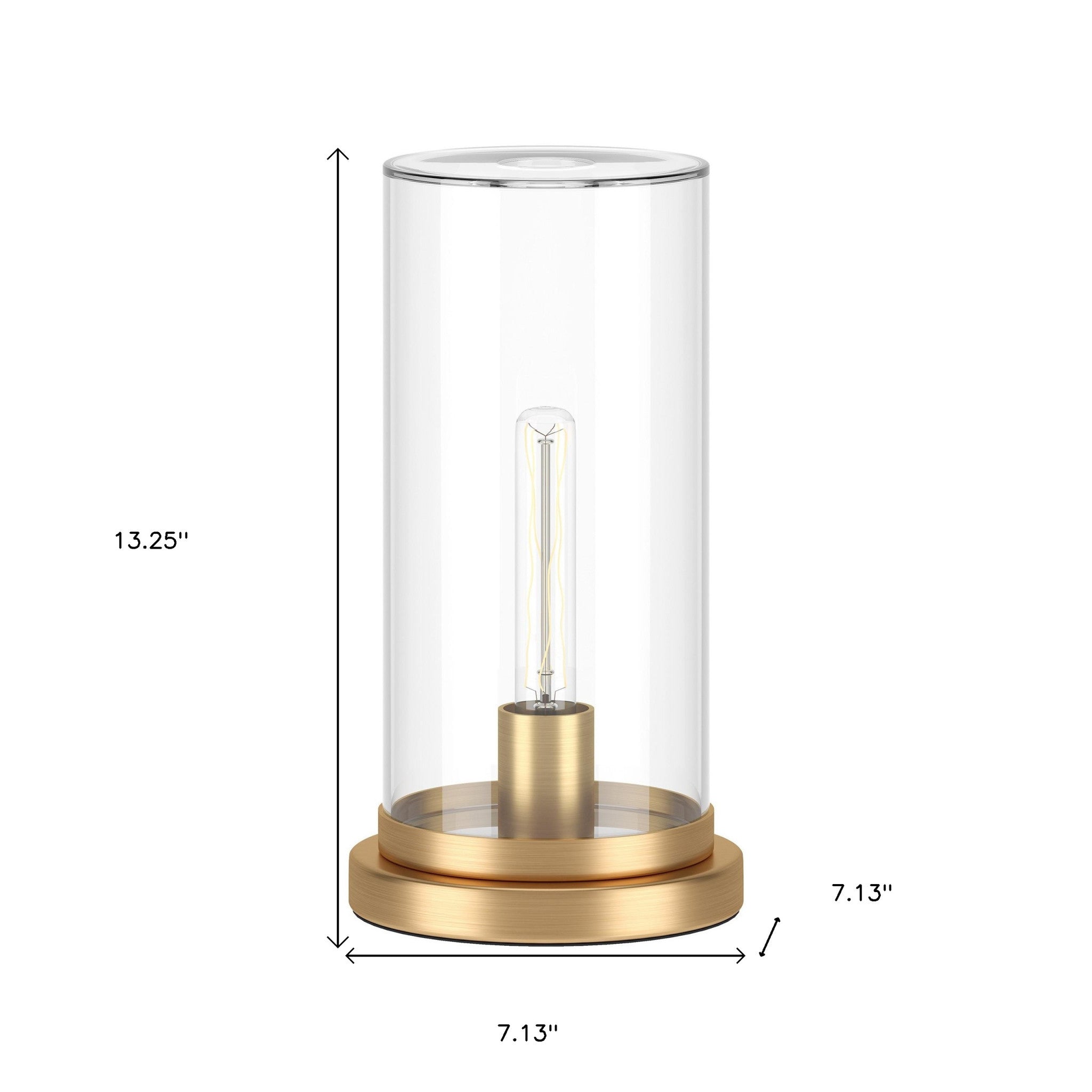 13" Brass Metal Table Lamp With Clear Cylinder Shade