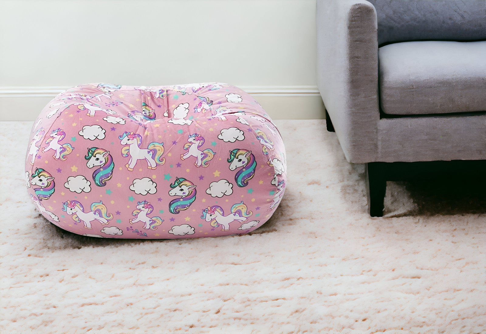 32" Pink and White Microfiber Round Unicorn Pouf Cover