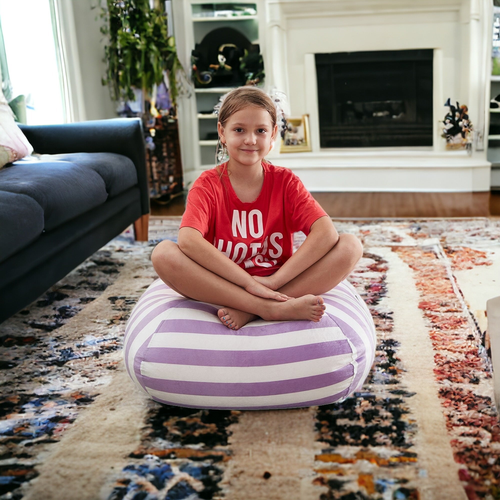 32" Purple and White Microfiber Round Striped Pouf Cover