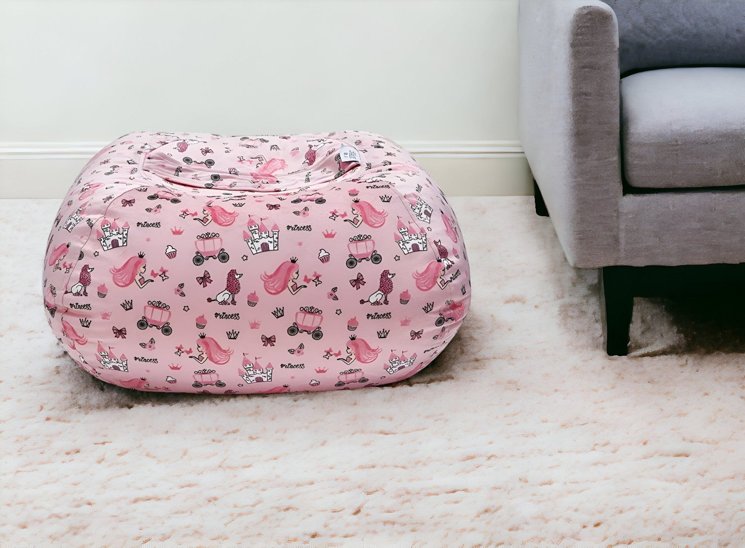 32" Pink and White Microfiber Round Princess Pouf Cover