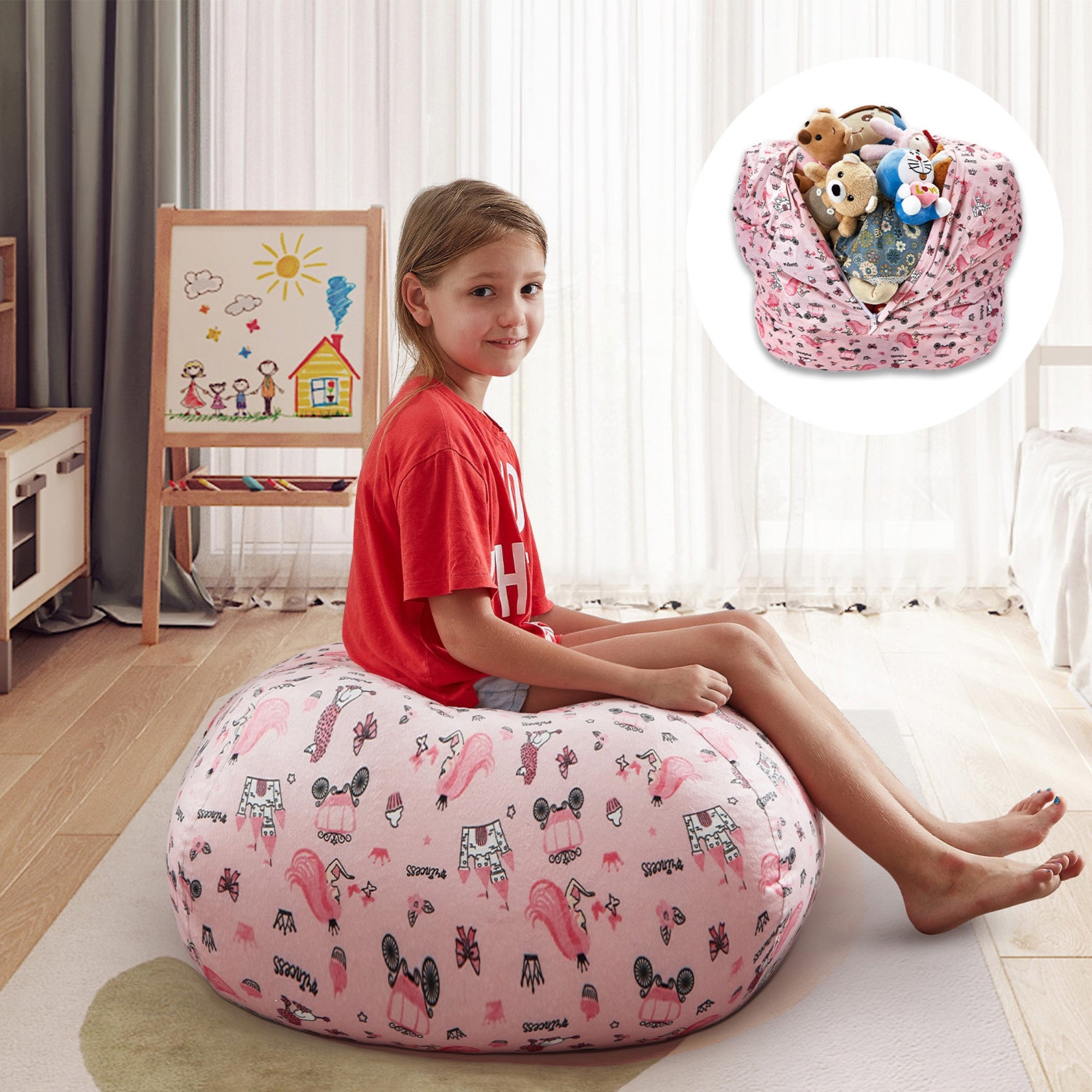 32" Pink and White Microfiber Round Princess Pouf Cover