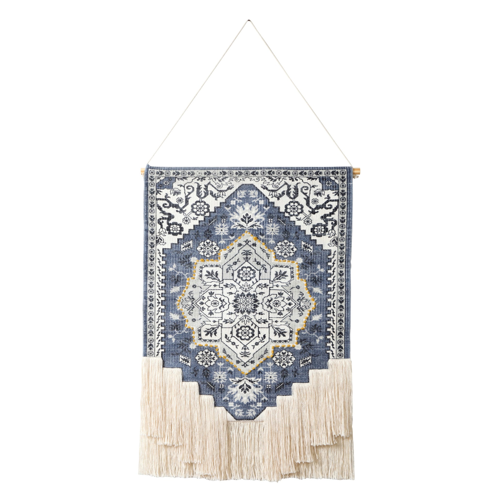 26" X 49" Blue and White Floral Cotton Macrame Hanging Tapestry Wall Decor