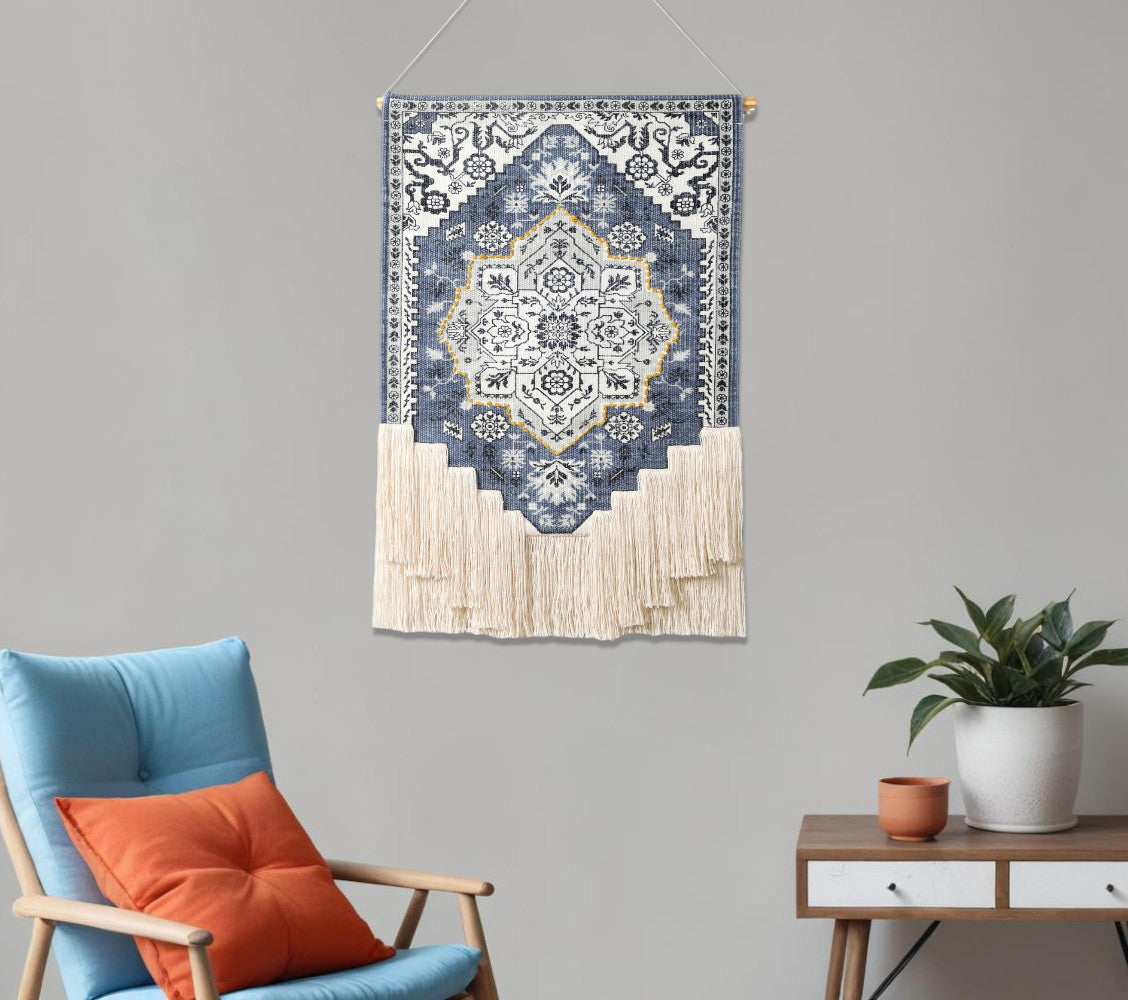 26" X 49" Blue and White Floral Cotton Macrame Hanging Tapestry Wall Decor