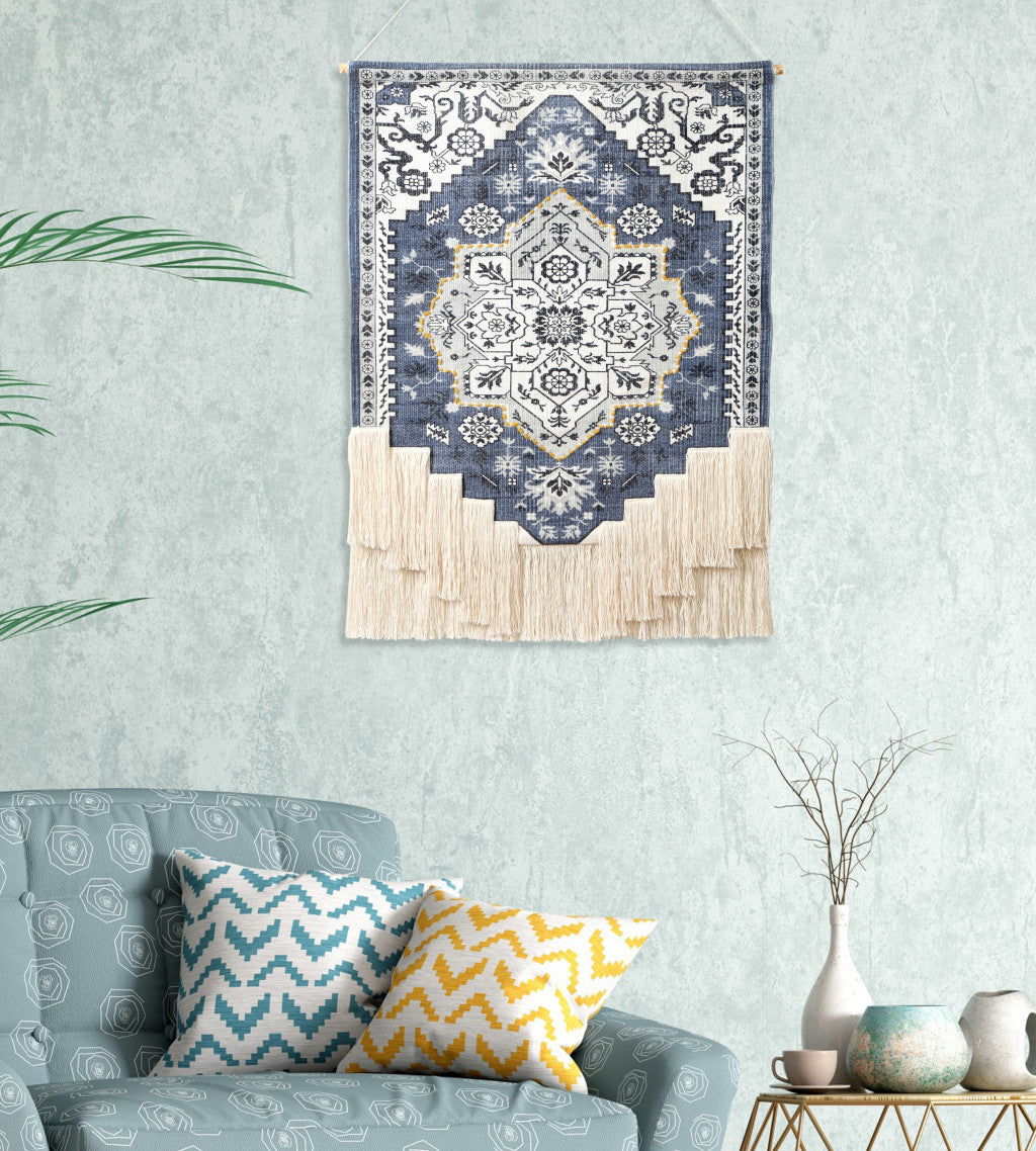 26" X 49" Blue and White Floral Cotton Macrame Hanging Tapestry Wall Decor