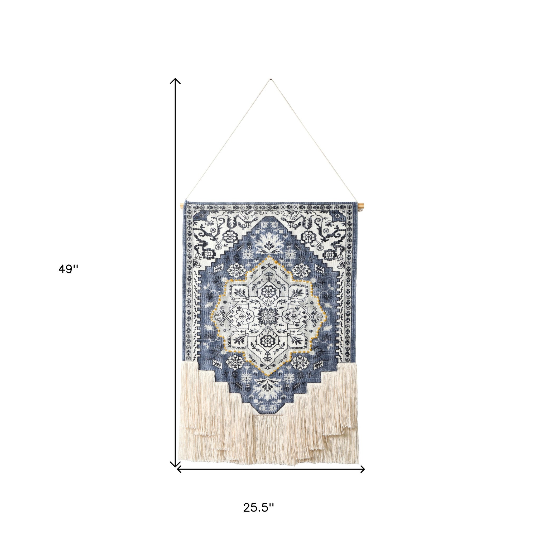 26" X 49" Blue and White Floral Cotton Macrame Hanging Tapestry Wall Decor