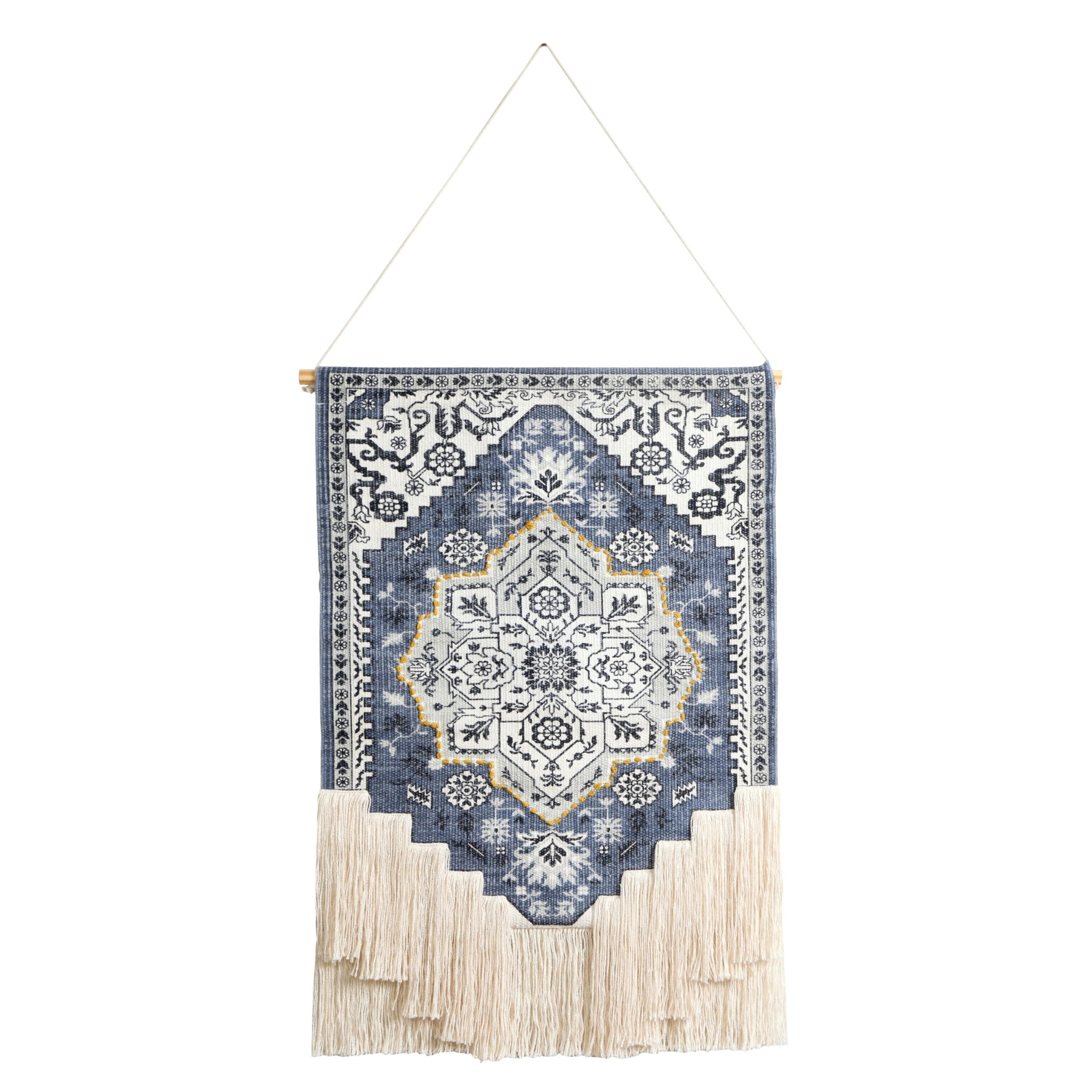 26" X 49" Blue and White Floral Cotton Macrame Hanging Tapestry Wall Decor