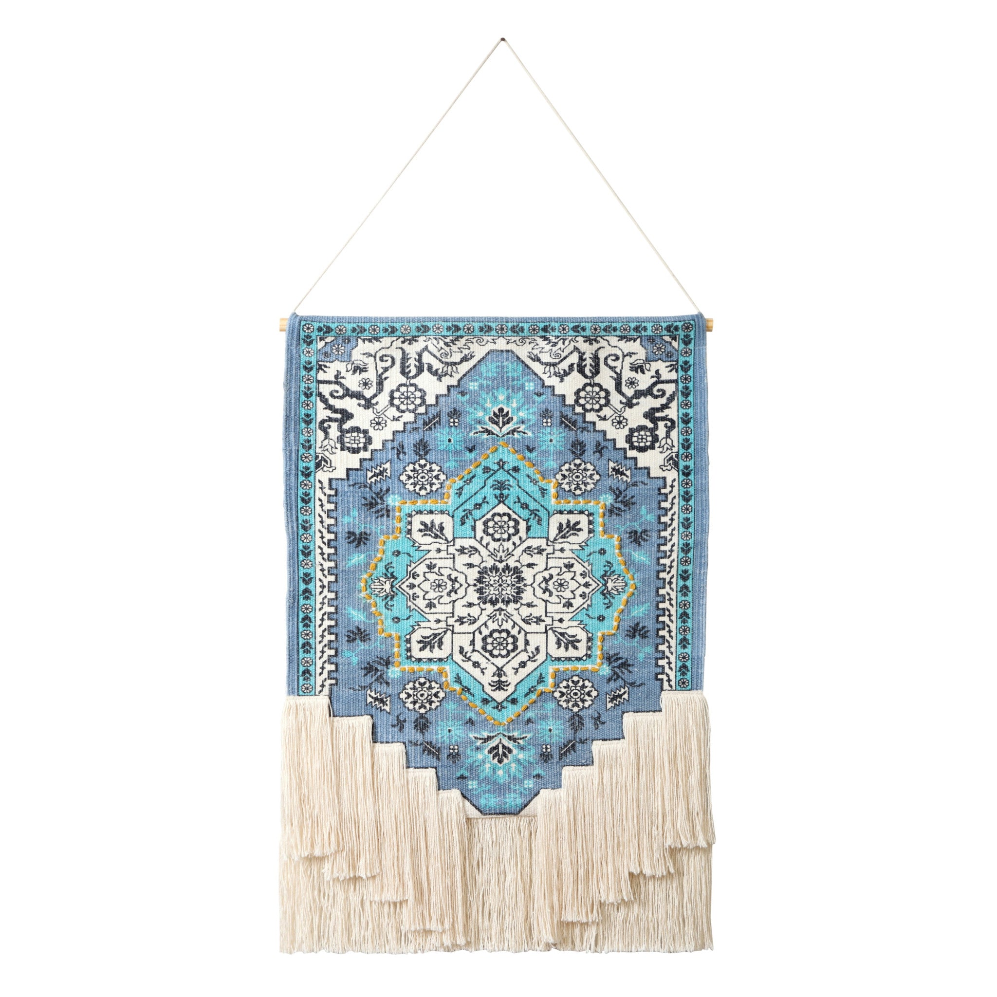 26" X 45" Blue Aqua and Ivory Floral Cotton Macrame Hanging Tapestry Wall Decor