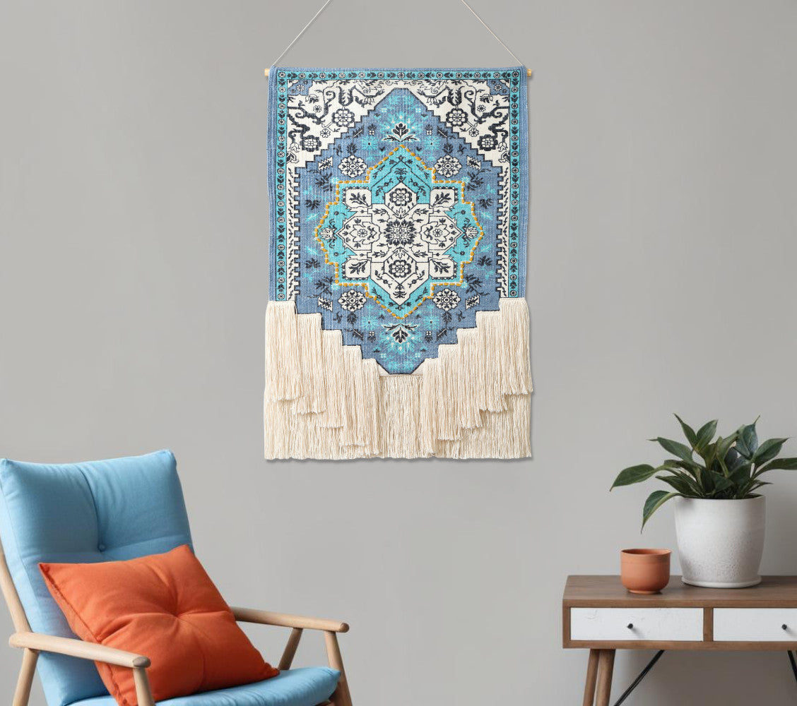 26" X 45" Blue Aqua and Ivory Floral Cotton Macrame Hanging Tapestry Wall Decor