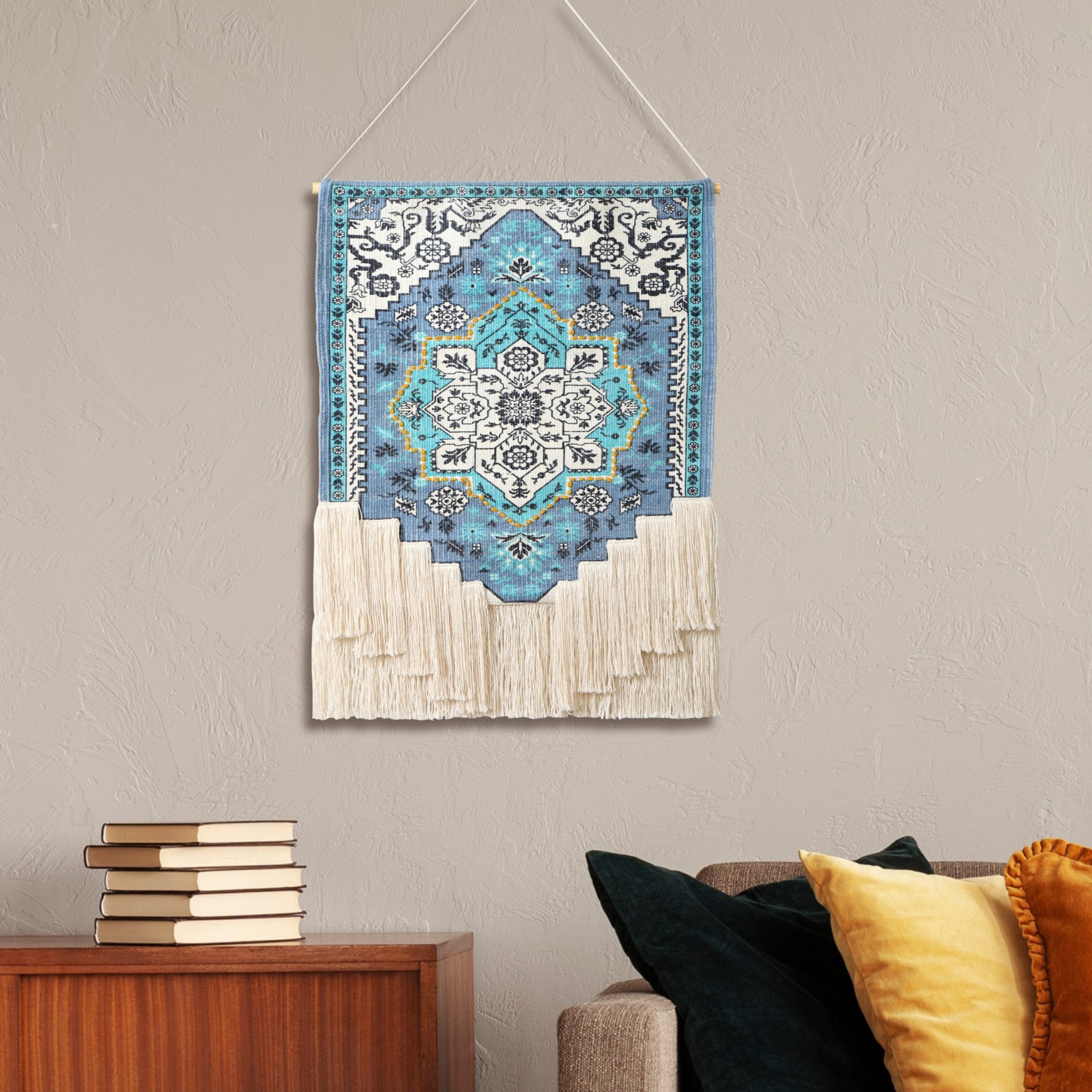 26" X 45" Blue Aqua and Ivory Floral Cotton Macrame Hanging Tapestry Wall Decor