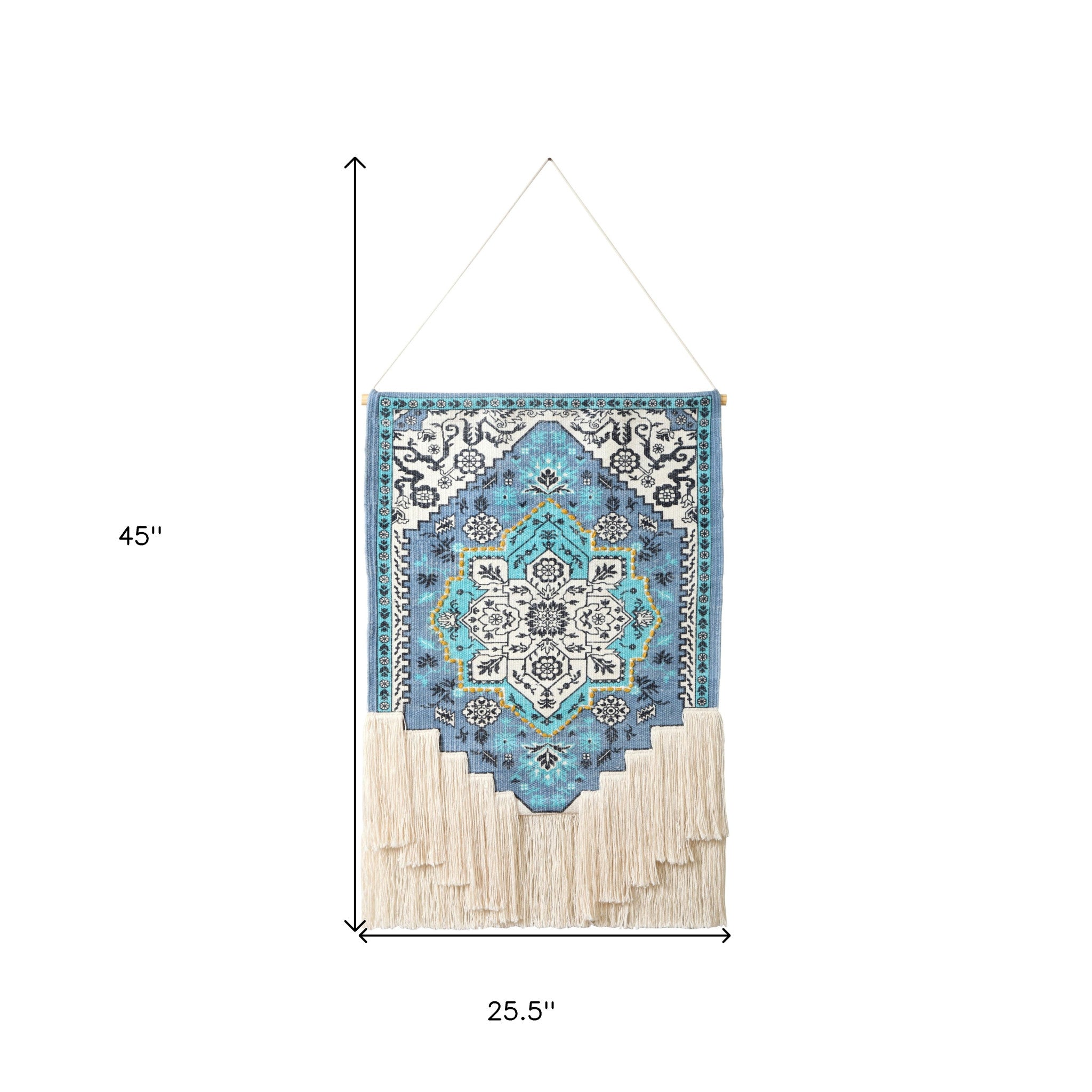 26" X 45" Blue Aqua and Ivory Floral Cotton Macrame Hanging Tapestry Wall Decor