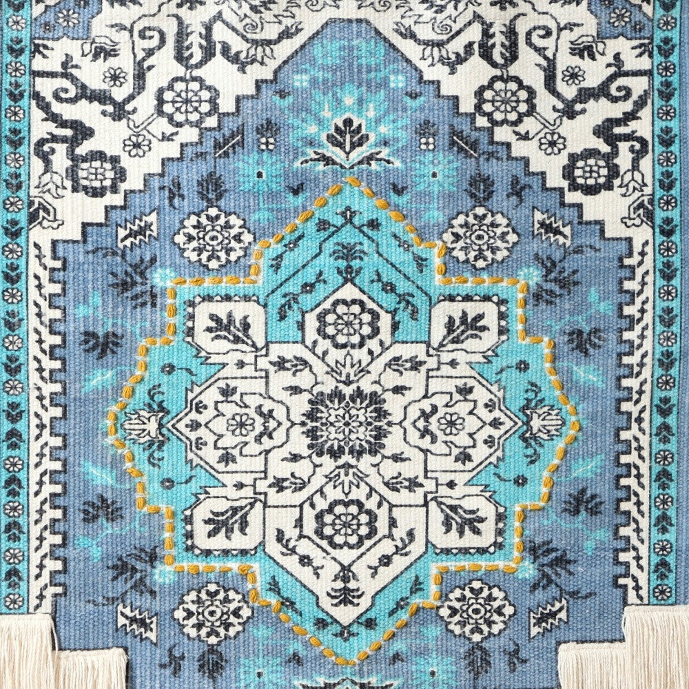 26" X 45" Blue Aqua and Ivory Floral Cotton Macrame Hanging Tapestry Wall Decor